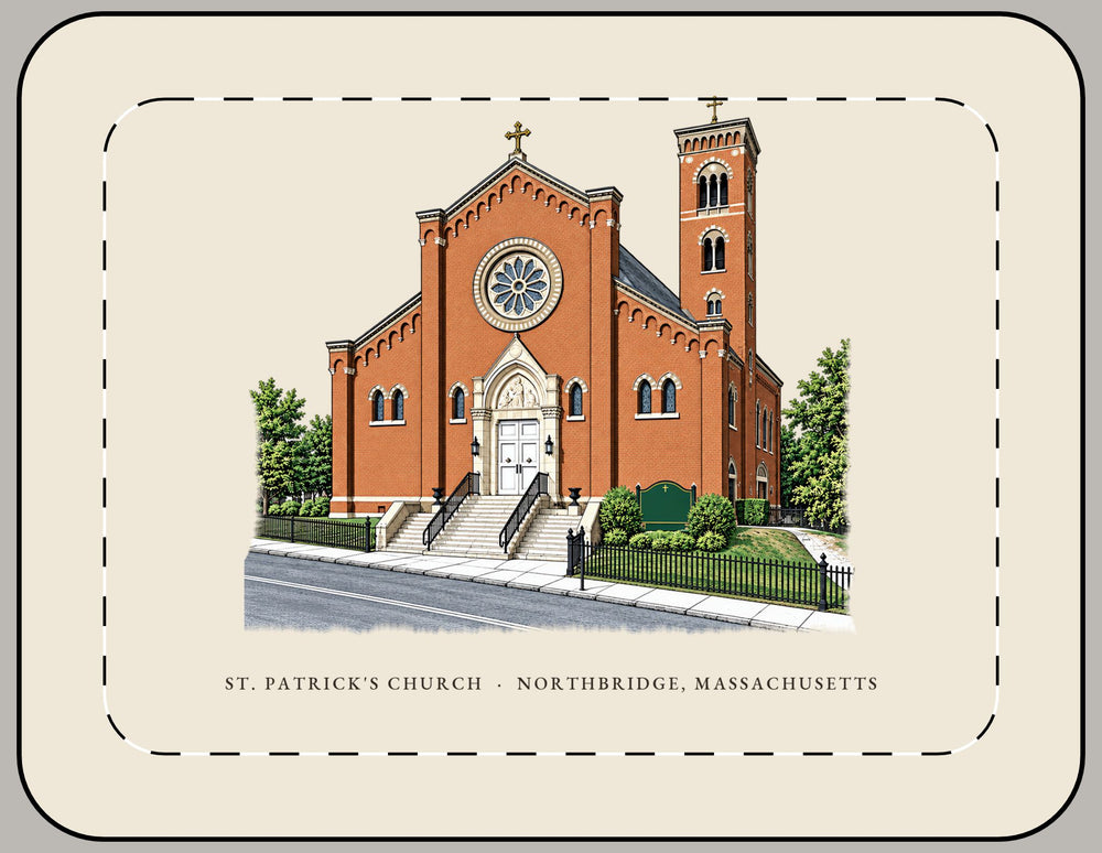 Northbridge St. Patrick's Church 15-inch laptop sleeve mockup showing the full illustrated print