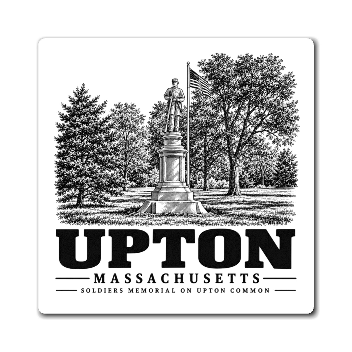 Upton Soldiers Memorial on Upton Common artwork on a 4-inch square magnet, front view
