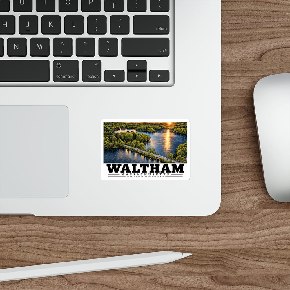 Illustrated Forest Grove Road Causeway in Waltham on die-cut sticker