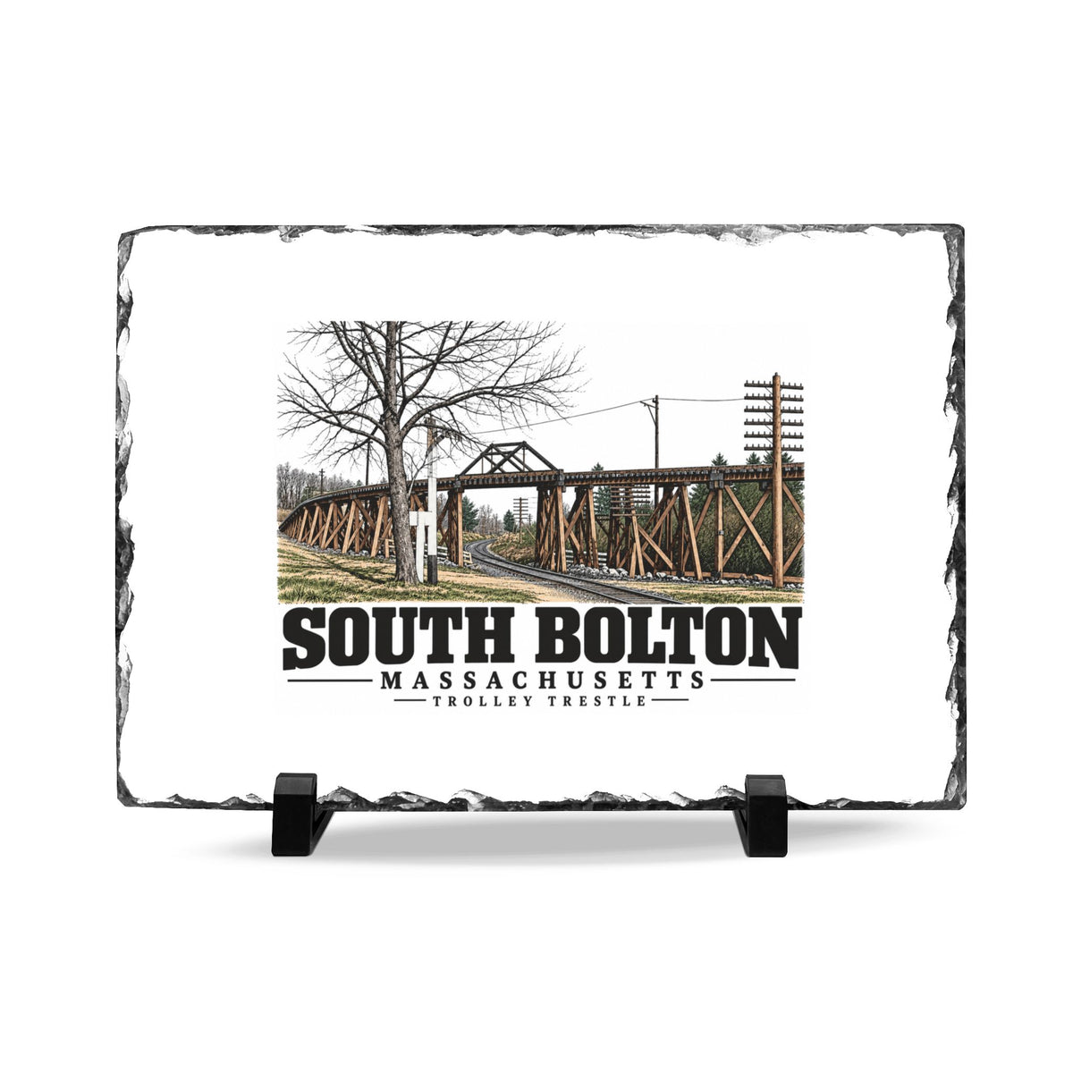 Illustrated Trolley Trestle in South Bolton on slate desk plaque
