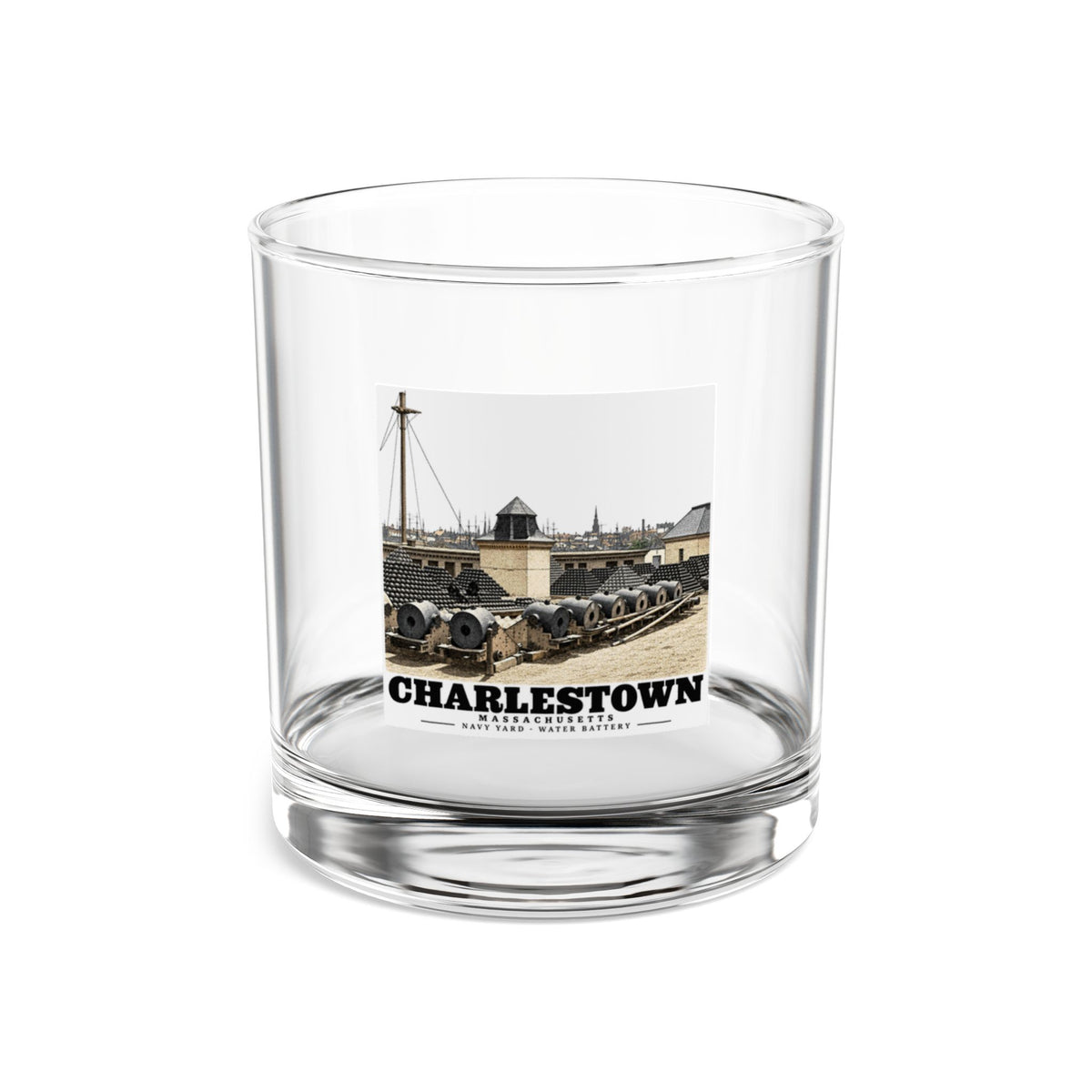 Alternate front view of clear 10 oz rocks glass with Water Battery and Charlestown artwork