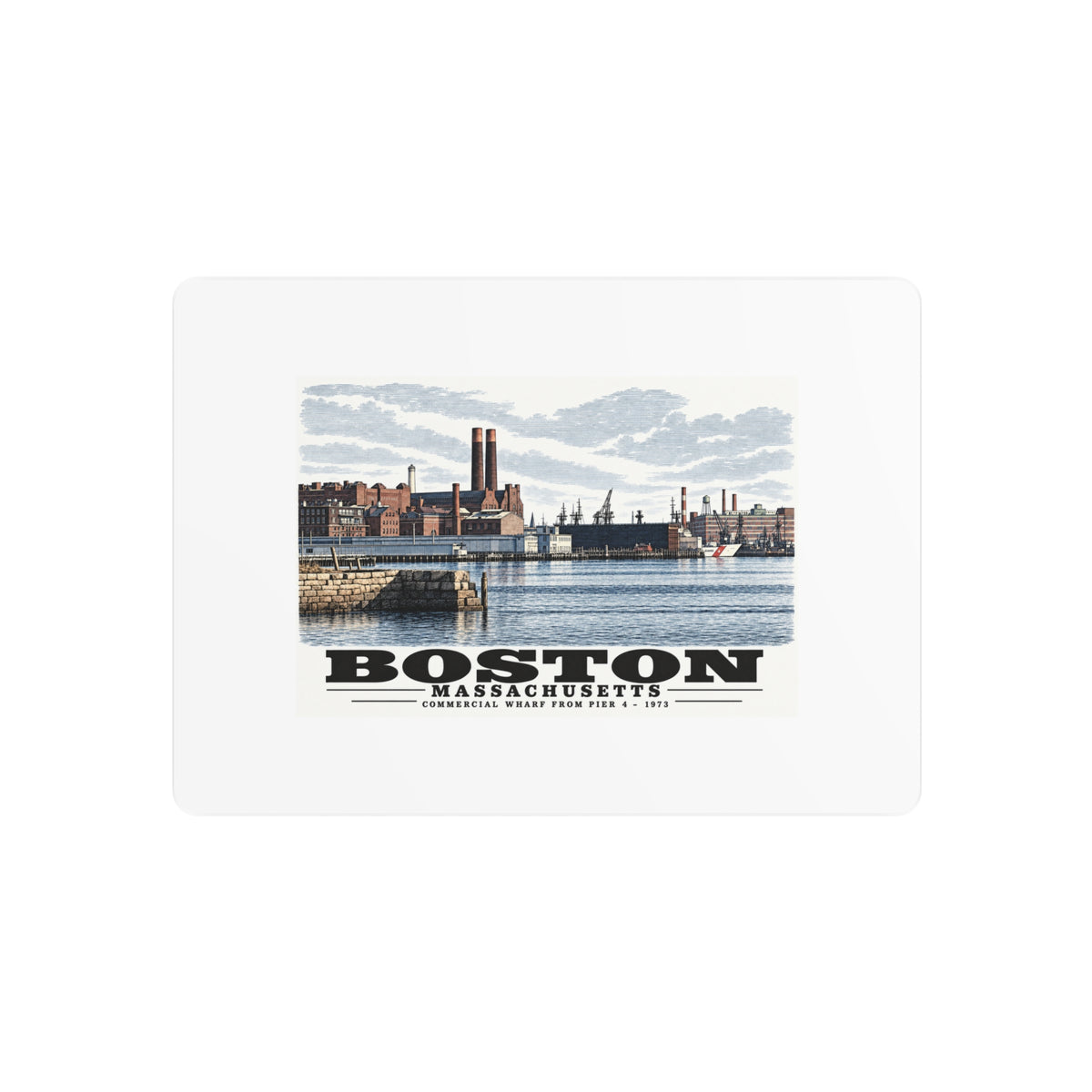 Metal wall print showing Commercial Wharf waterfront buildings, twin chimneys and harbor water artwork and Boston lettering