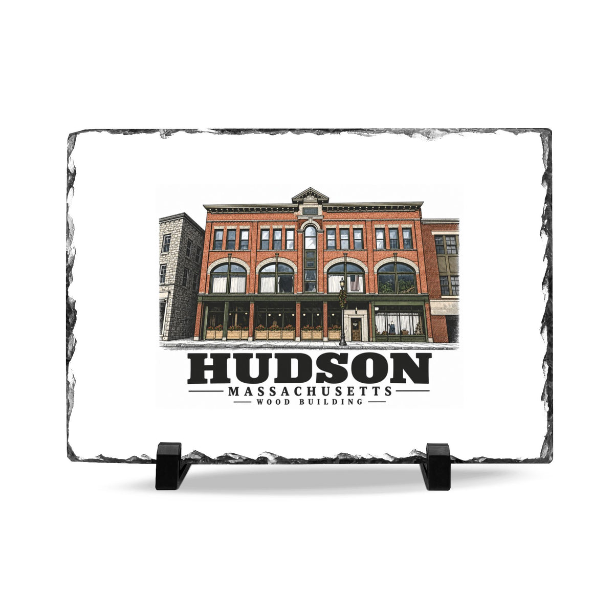 Illustrated Wood Building in Hudson on slate desk plaque