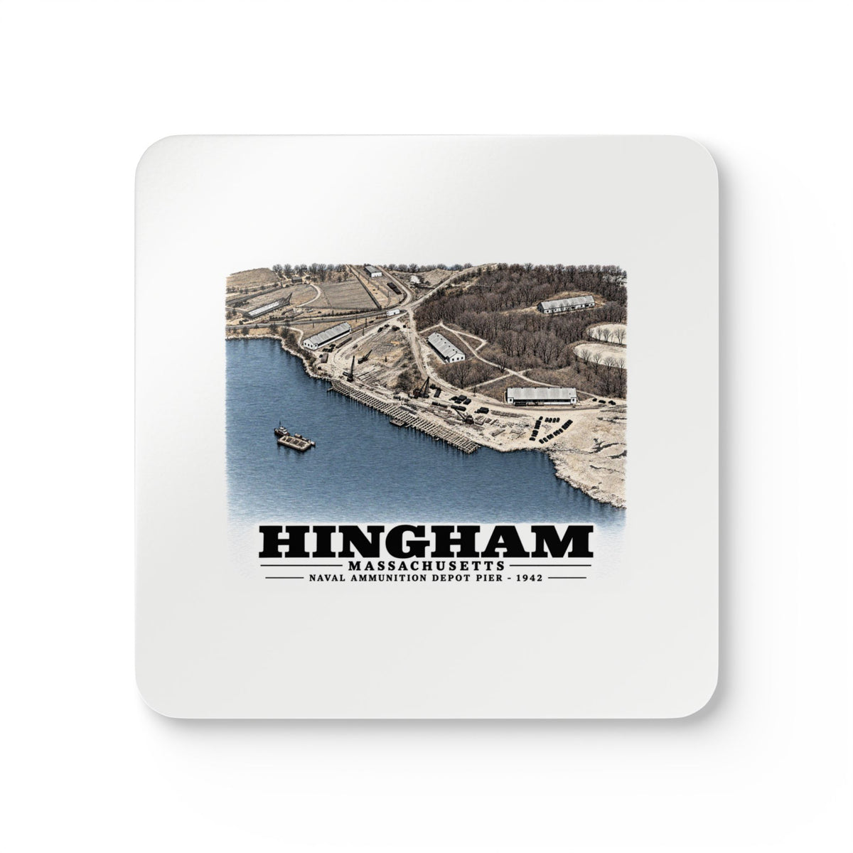 Construction progress New pier USNAD, Hingham, MA Cork Back Coaster Set - Boston Harbor