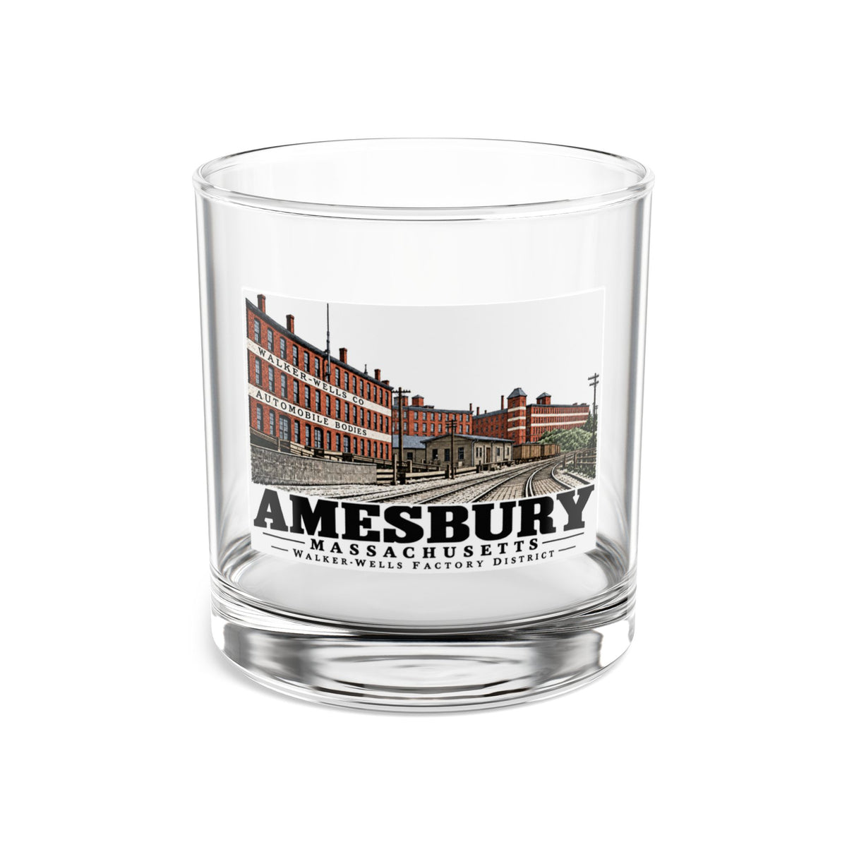 Walker-Wells automobile-body factory district and Boston & Maine rail yard, Amesbury illustration on 10 oz rocks glass — front view