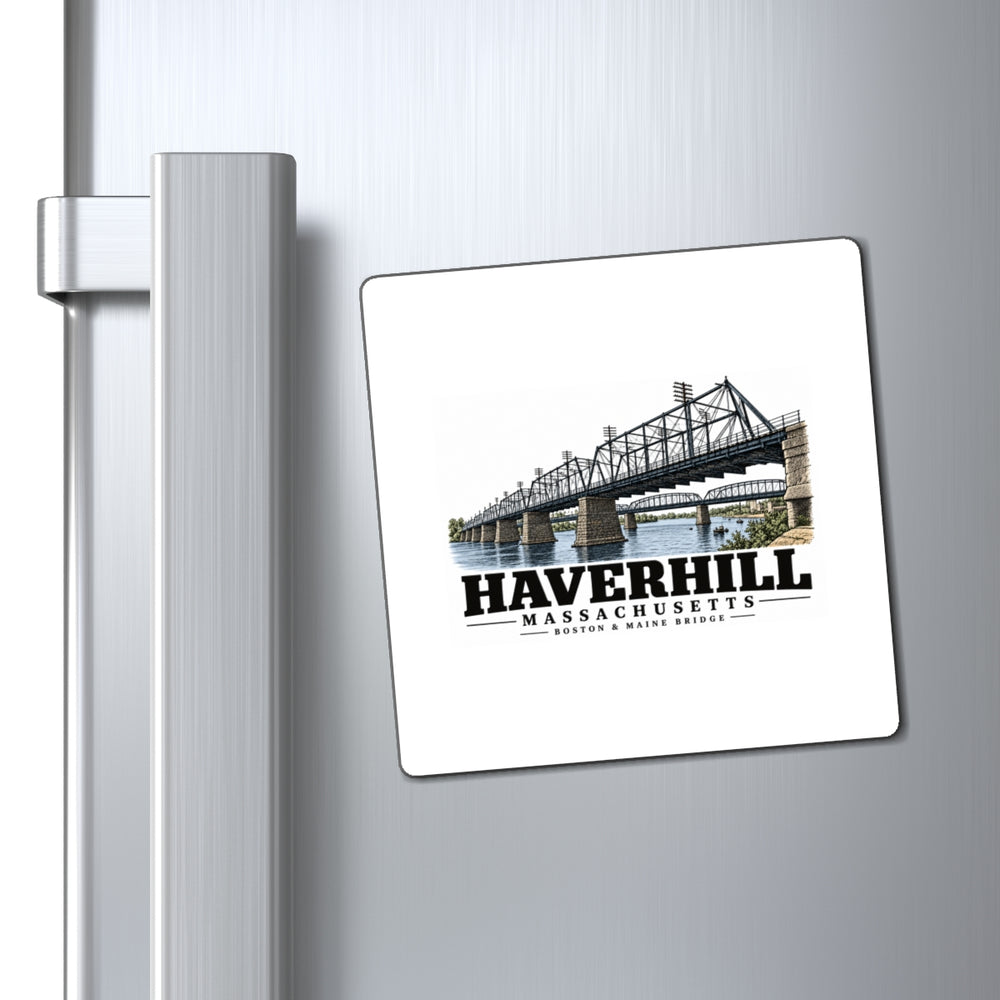 Refrigerator display of Boston & Maine Railroad Bridge square magnet, with Haverhill, Massachusetts artwork and lettering.