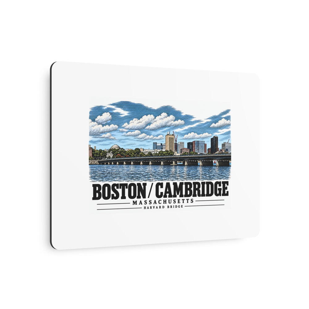 Angled view of Harvard Bridge river and skyline view metal print with its dark edge visible