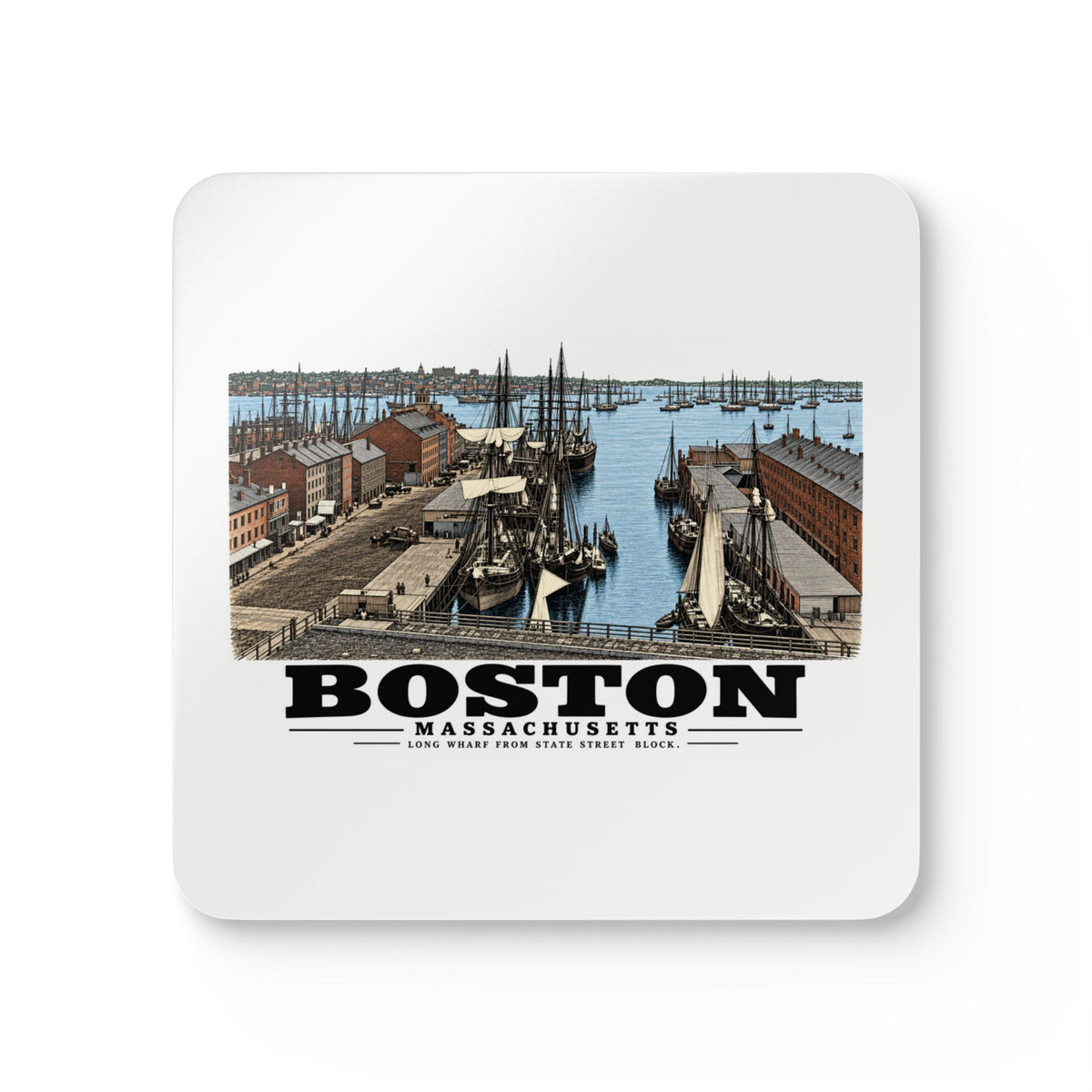 Long Wharf, from State St. block Cork Back Coaster Set - Boston Harbor