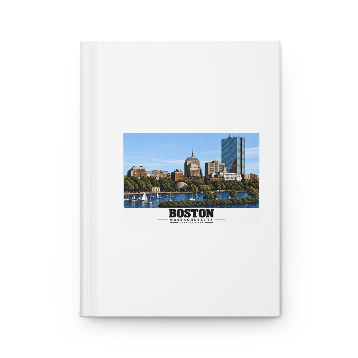 Illustrated St. Charles River view of Boston, Massachusetts in Boston and Cambridge on matte hardcover journal