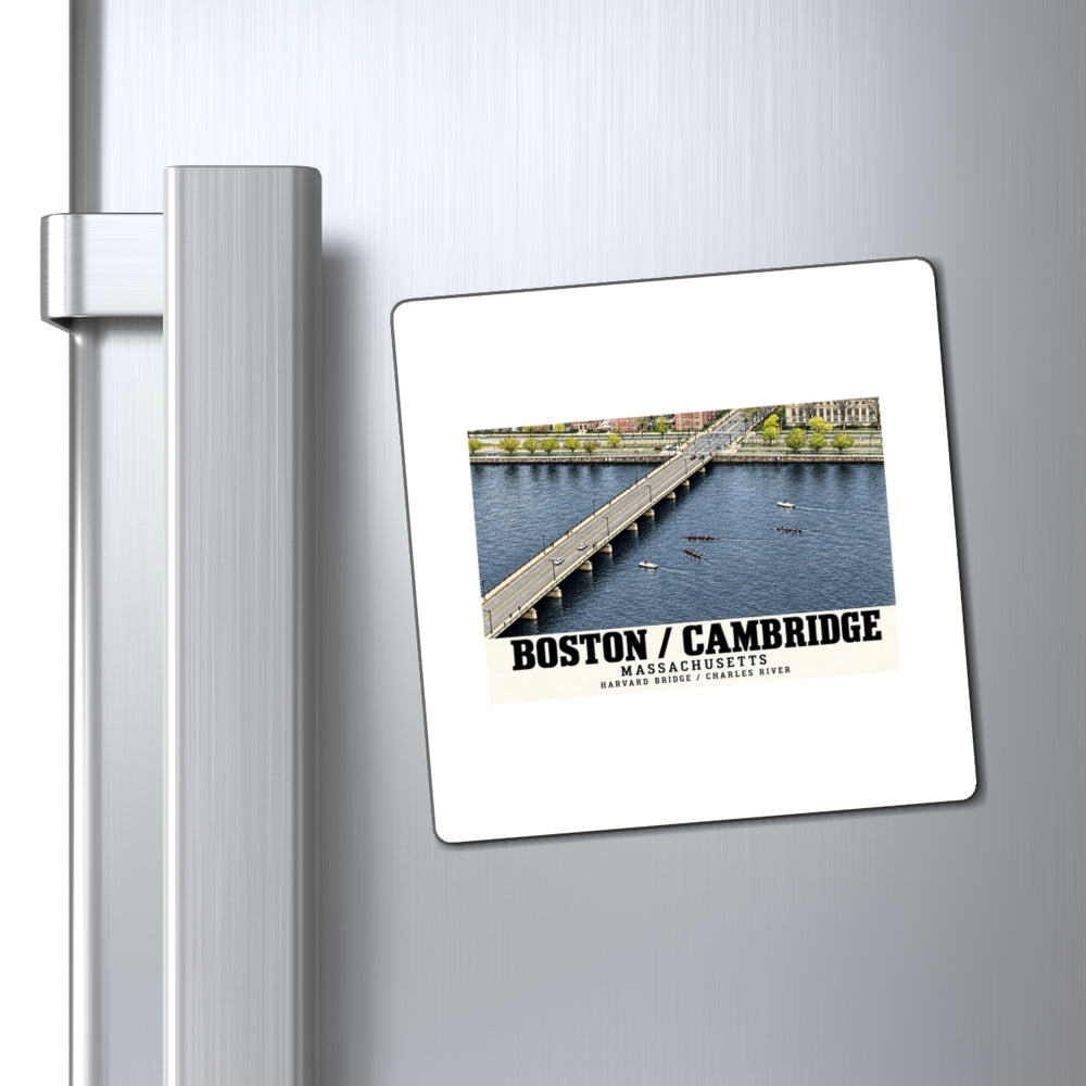 Harvard Bridge aerial view with scullers on the Charles River magnet on a refrigerator beside its handle