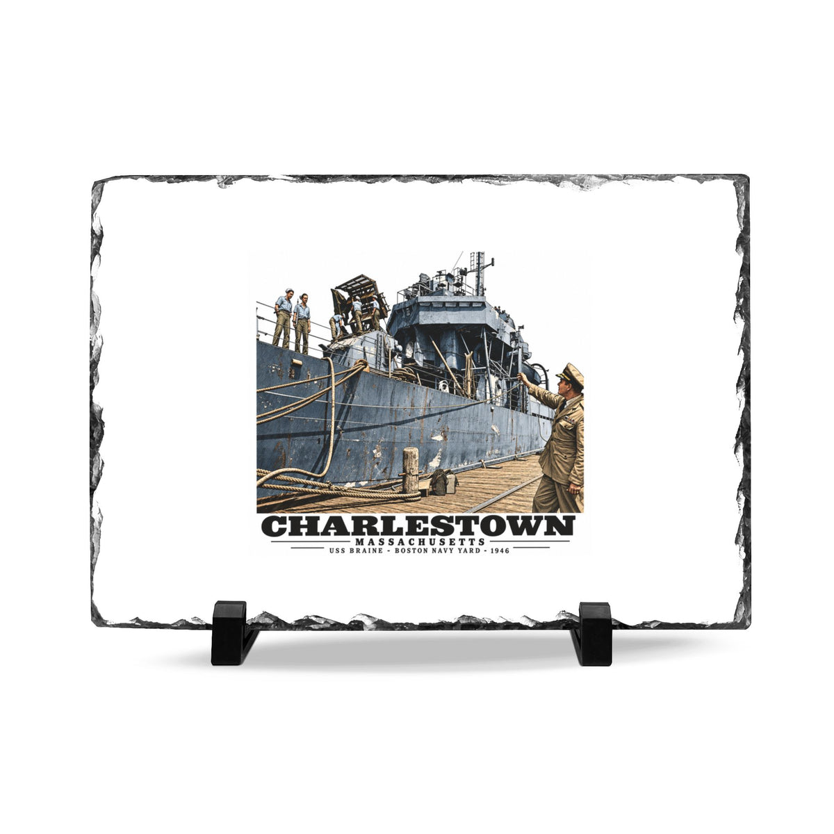 Illustrated USS Braine at Boston Navy Yard in Charlestown on slate desk plaque