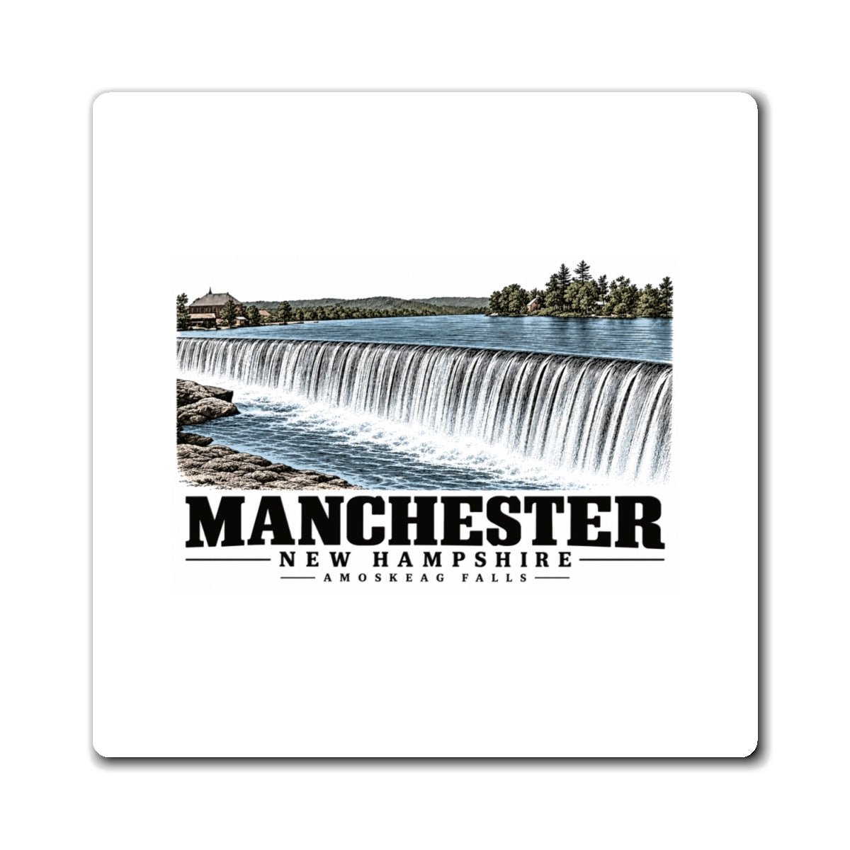 Front of Amoskeag Falls square magnet, with Manchester, New Hampshire artwork and lettering.