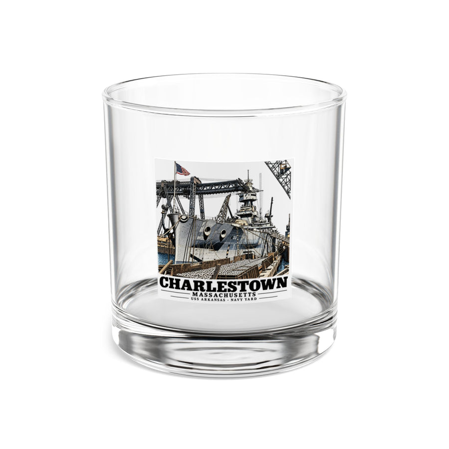 Front of clear 10 oz rocks glass with USS Arkansas bow, shipyard cranes and Charlestown artwork