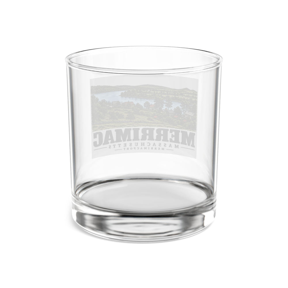 Transparent reverse of Merrimacport rocks glass, with Merrimac, Massachusetts artwork and lettering.