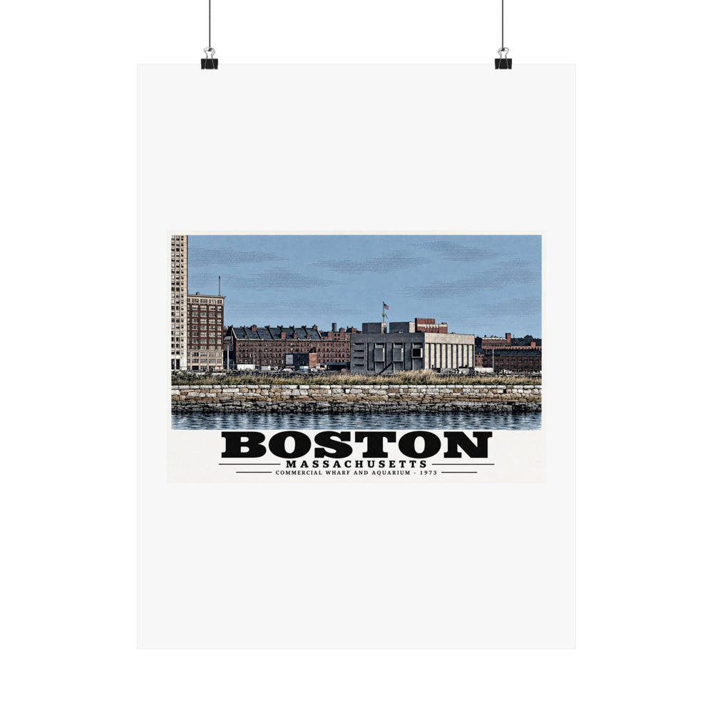 Commercial Wharf and Aquarium waterfront buildings, stone seawall and harbor water poster with Boston lettering hanging from two binder clips