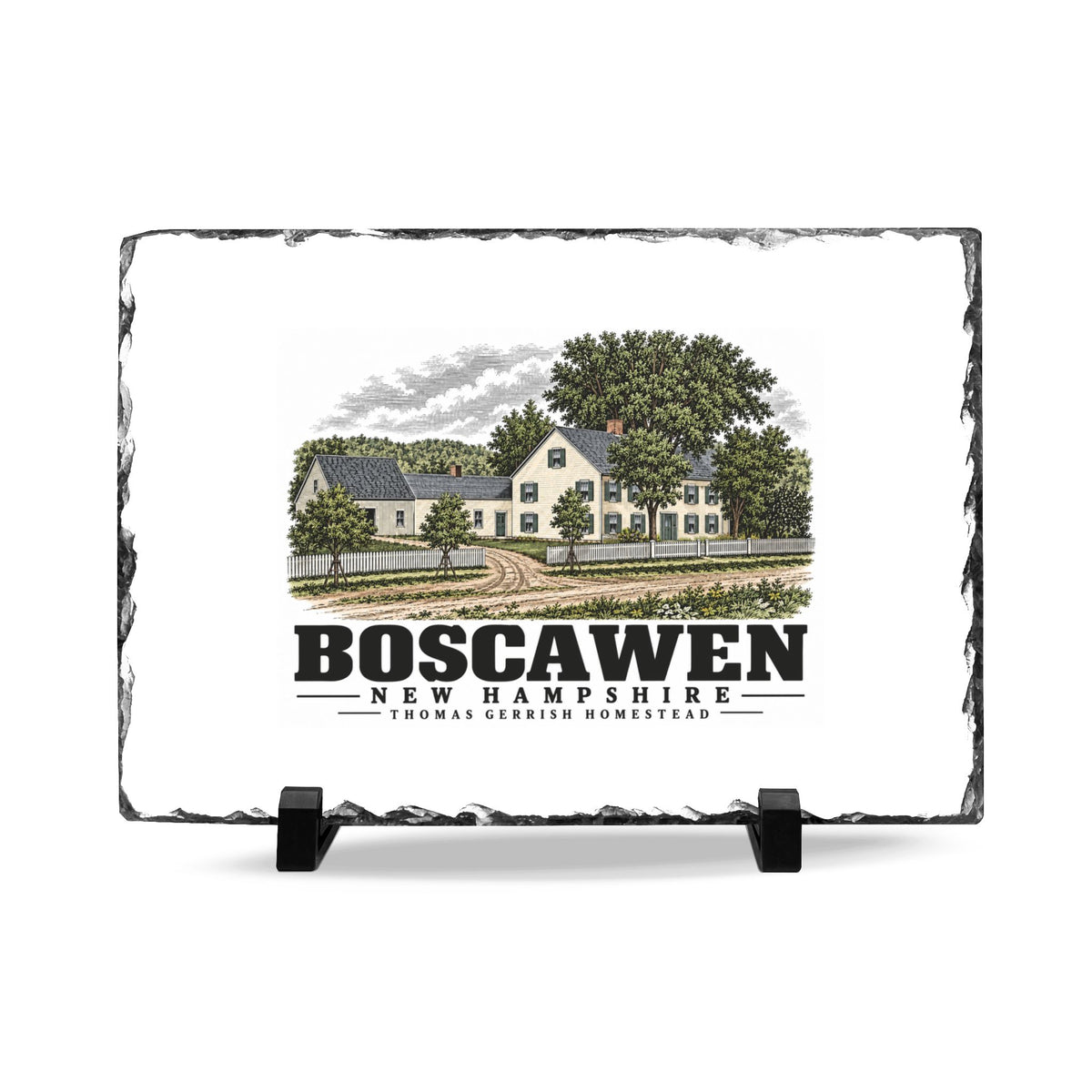 Front on display stands of Thomas Gerrish Homestead slate desk plaque, with Boscawen, New Hampshire artwork and lettering.