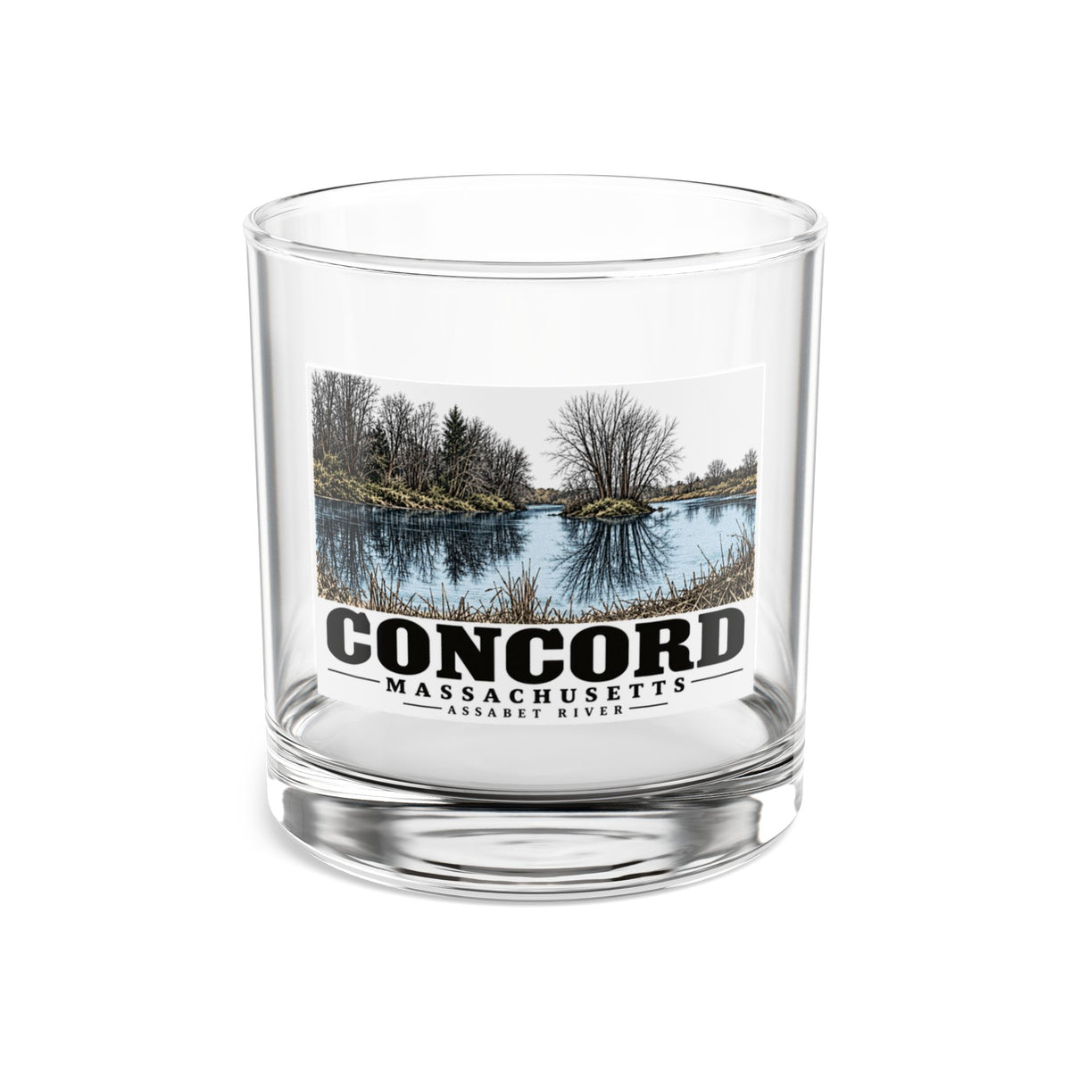 Illustrated Assabet River in Concord on rocks glass