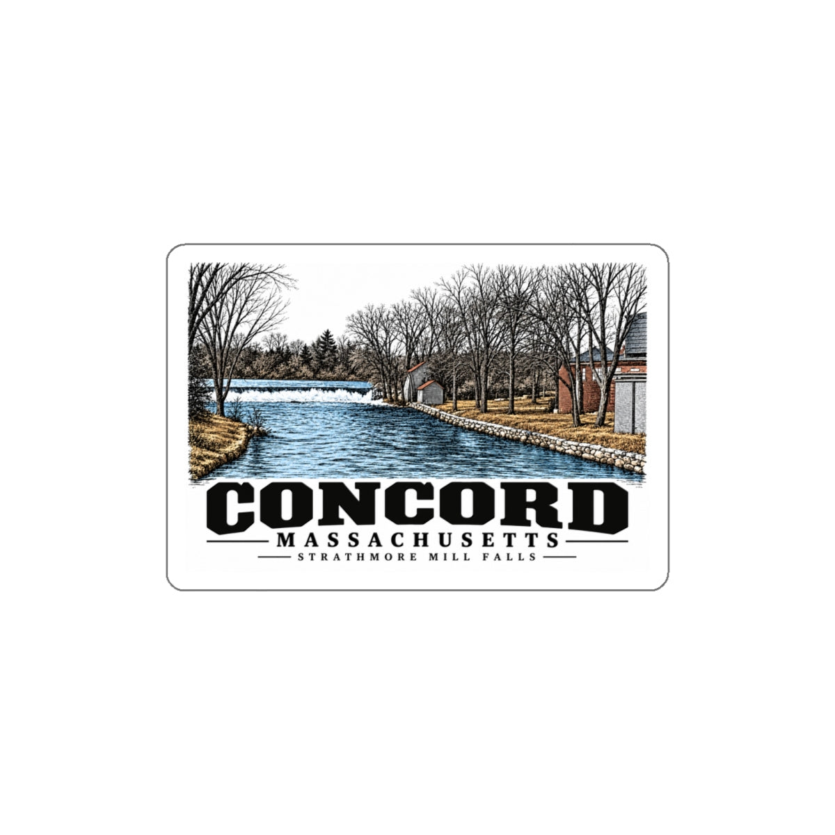 Illustrated Strathmore Mill Falls in Concord on die-cut sticker