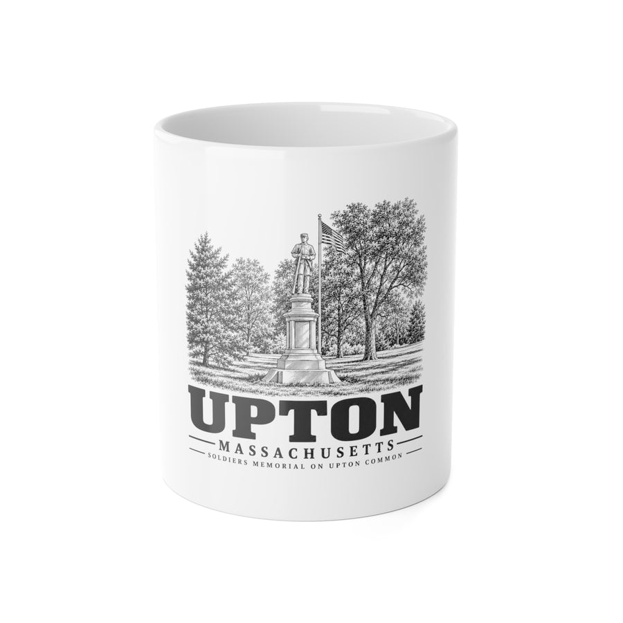 Upton Soldiers Memorial on Upton Common artwork on an 11 oz white ceramic mug, front view