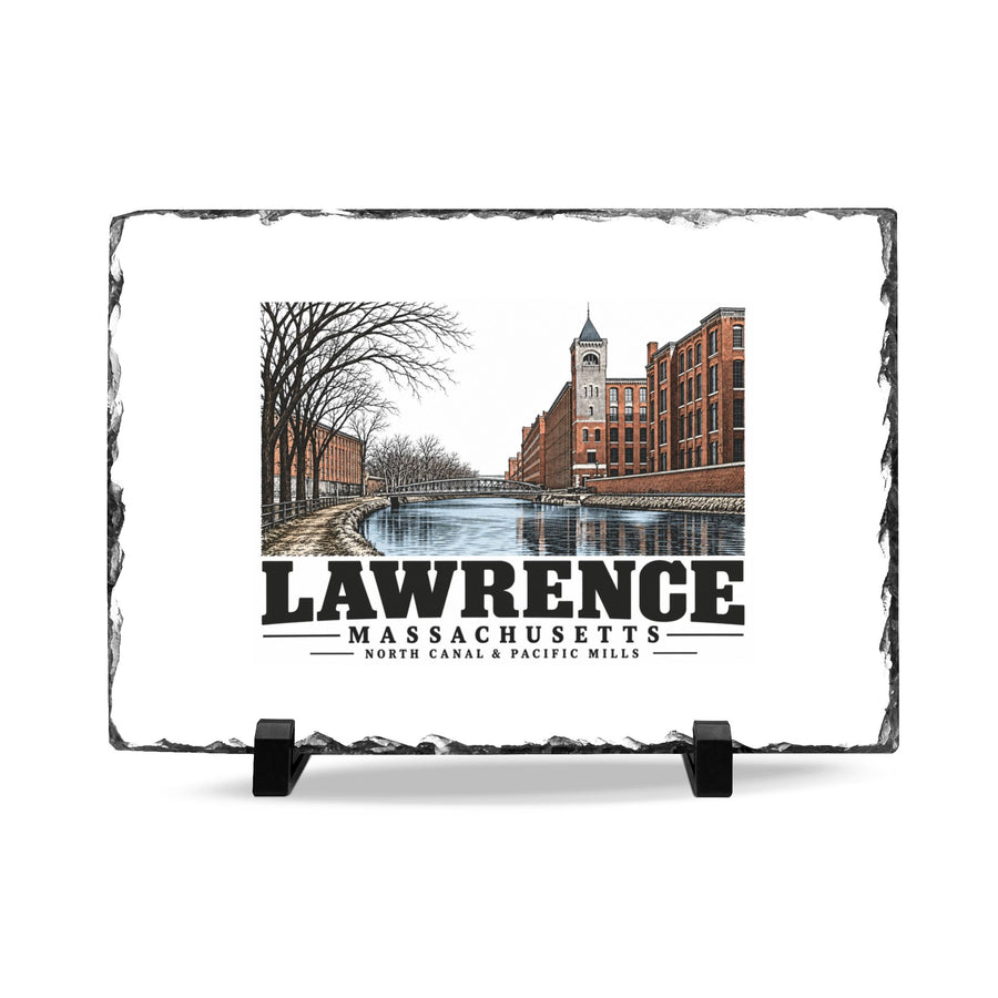 Front on display stands of North Canal and Pacific Mills slate desk plaque, with Lawrence, Massachusetts artwork and lettering.