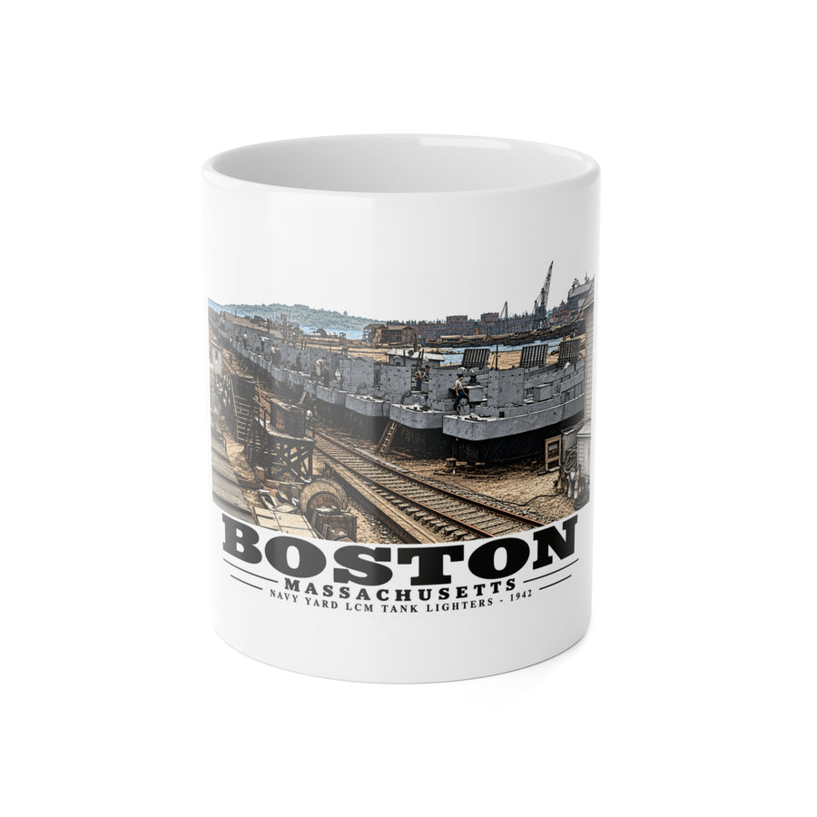 Illustrated Tank Lighters at Boston Navy Yard in Charlestown on ceramic mug