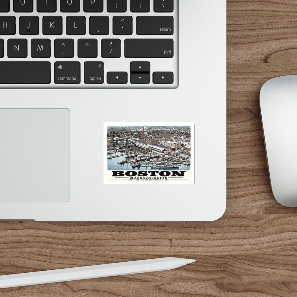 Illustrated Dry Dock 5 and Constitution Pier in Charlestown on die-cut sticker