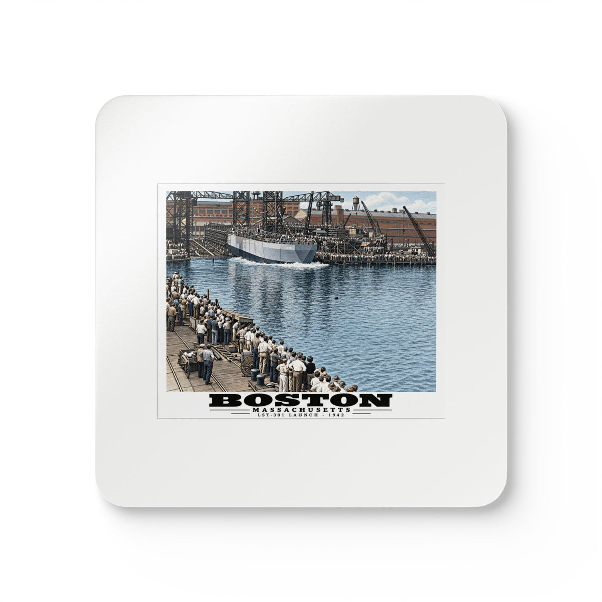 Illustrated LST-301 at Boston Navy Yard in Charlestown on corkwood coaster set