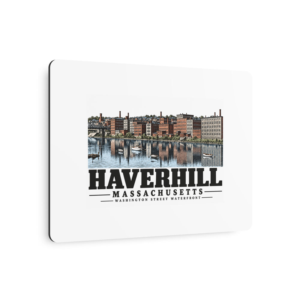 Angled front of Washington Street Waterfront metal wall art, with Haverhill, Massachusetts artwork and lettering.