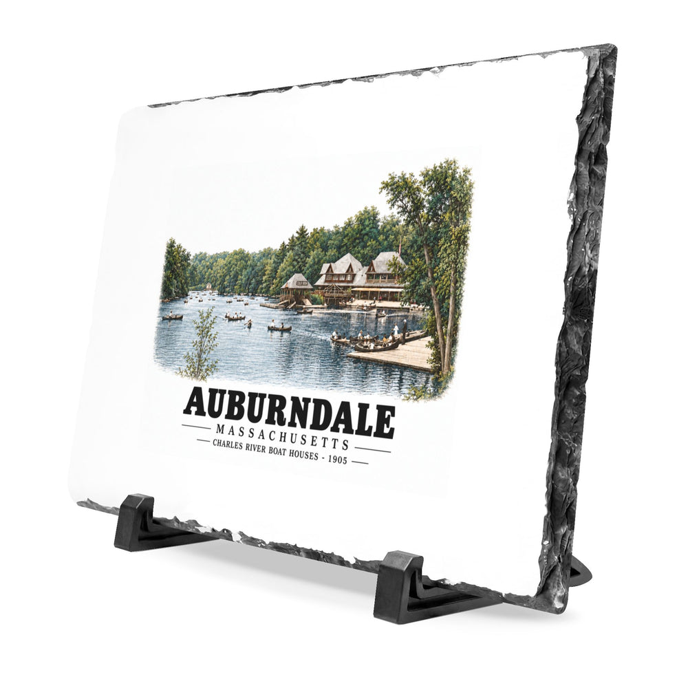 Norumbega Park shore, Charles River Lakes District, Auburndale 7 × 11 in Slate Desk Plaque - Charles River