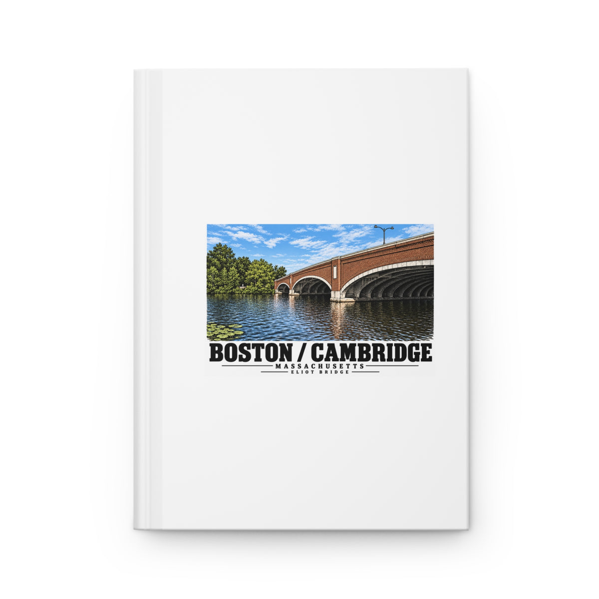White hardcover journal with Eliot Bridge close red brick arch view artwork and Boston/Cambridge lettering