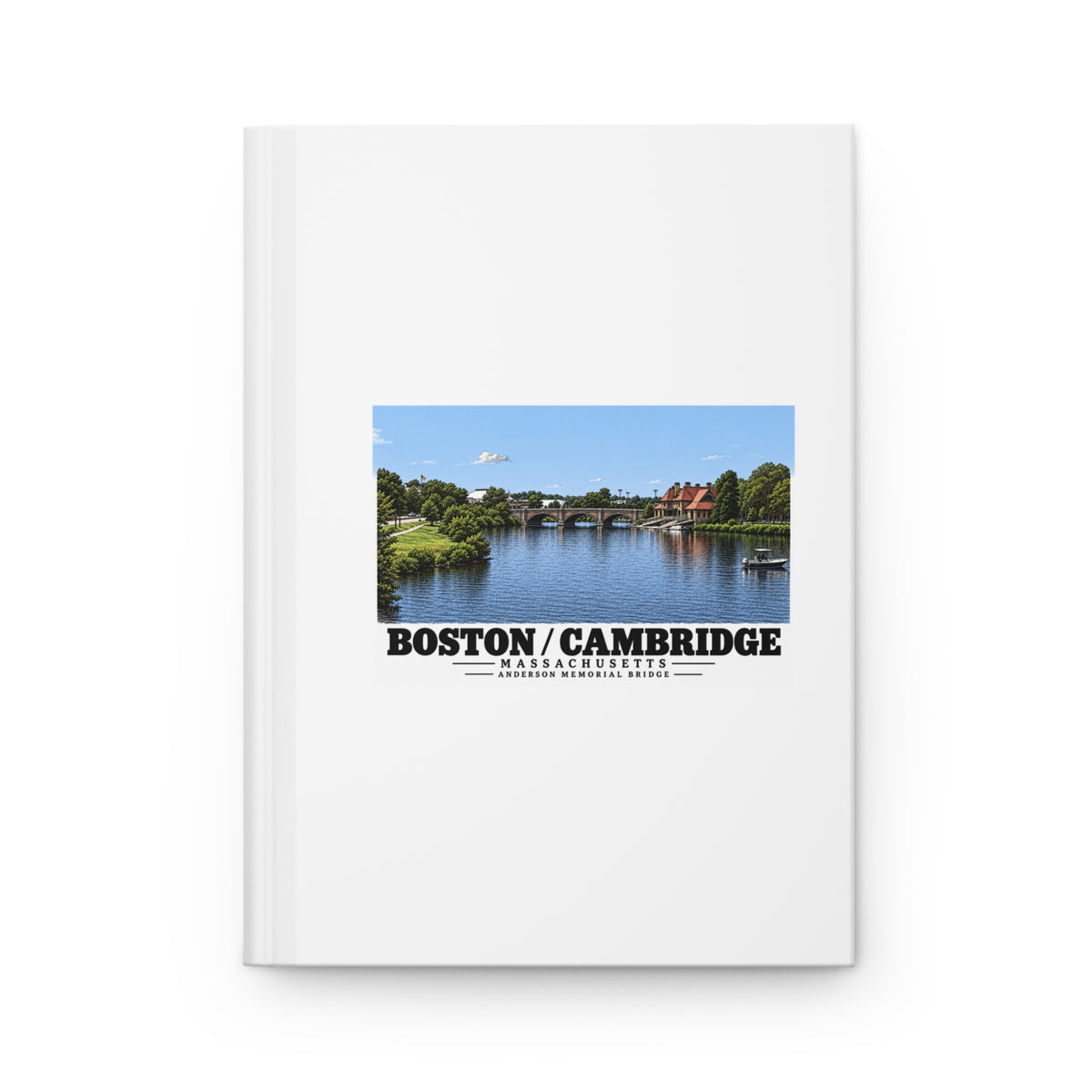White hardcover journal with Anderson Memorial Bridge distant river view artwork and Boston/Cambridge lettering
