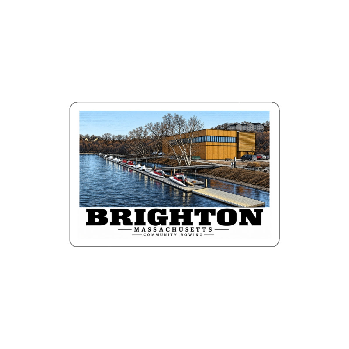 White bordered sticker showing Community Rowing building, dock and boats artwork and Brighton lettering