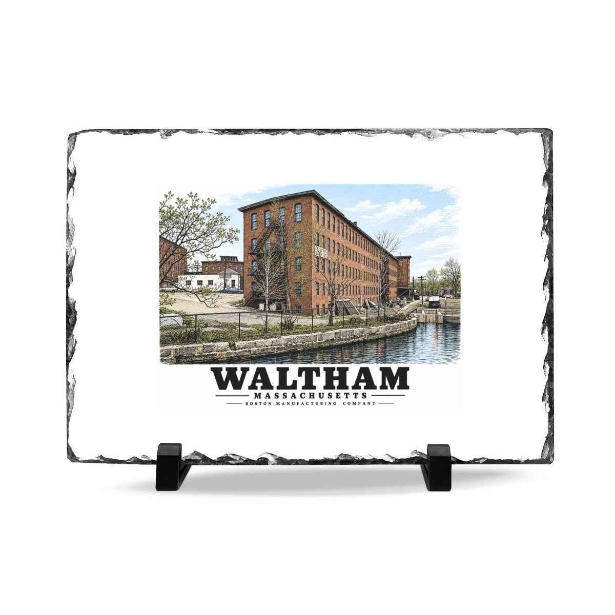 Illustrated Boston Manufacturing Company in Waltham on slate desk plaque