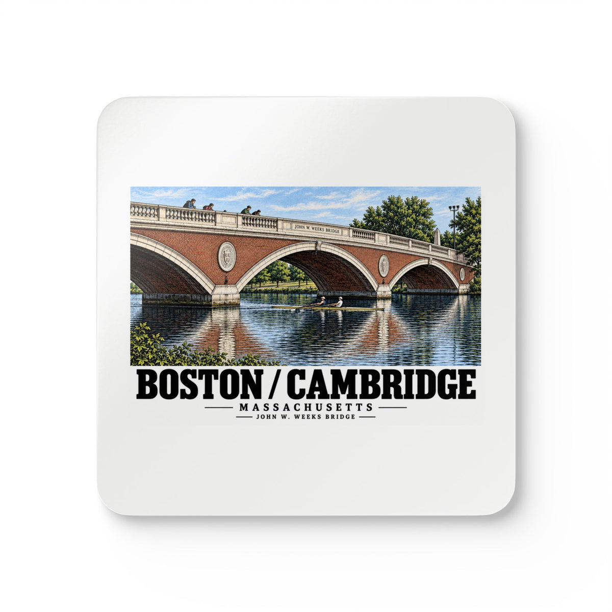 White square coaster showing John W. Weeks Bridge and scullers artwork and Boston/Cambridge lettering