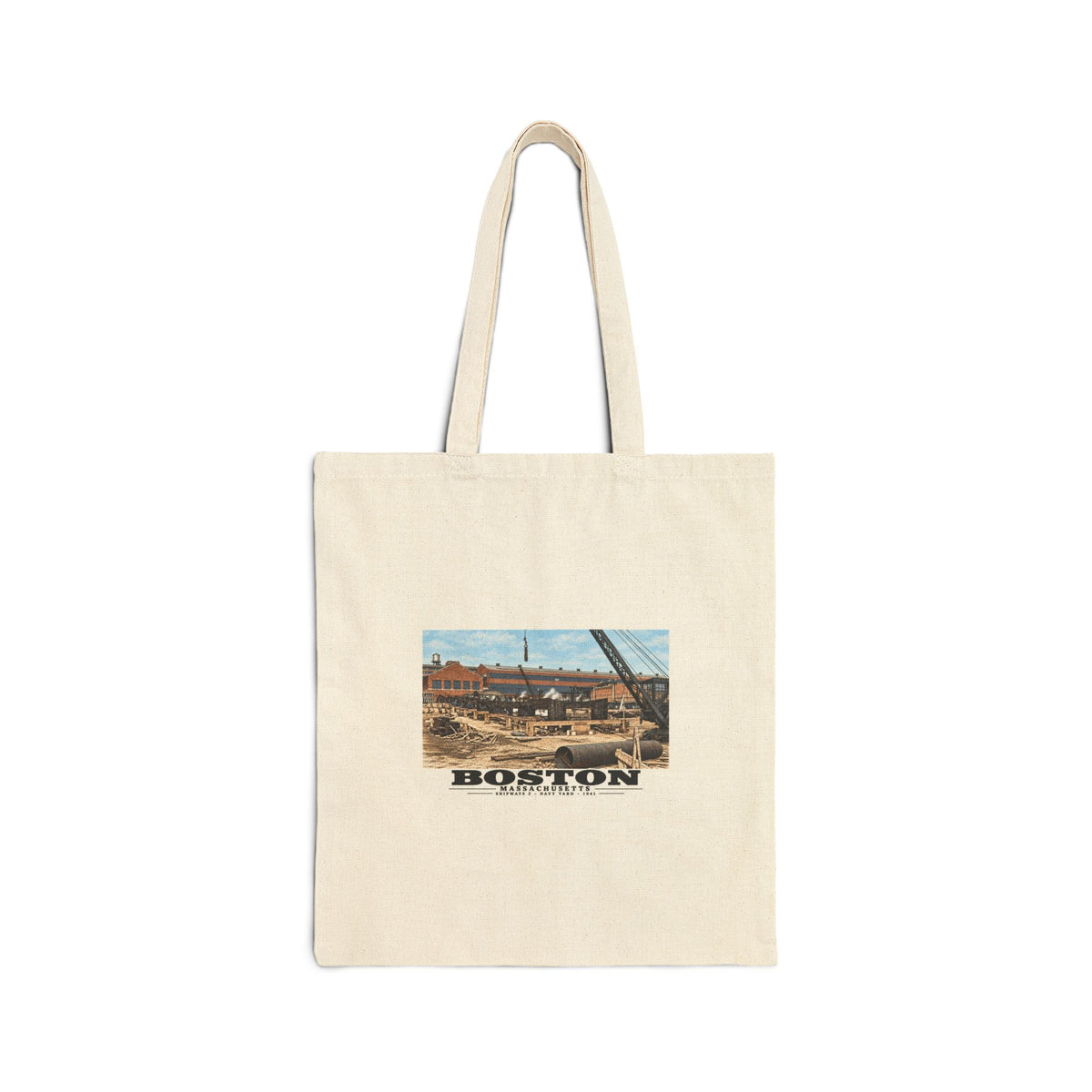 Shipways #2 Start of construction Completed 9/1941 Natural Heavy Canvas Tote - Boston Harbor