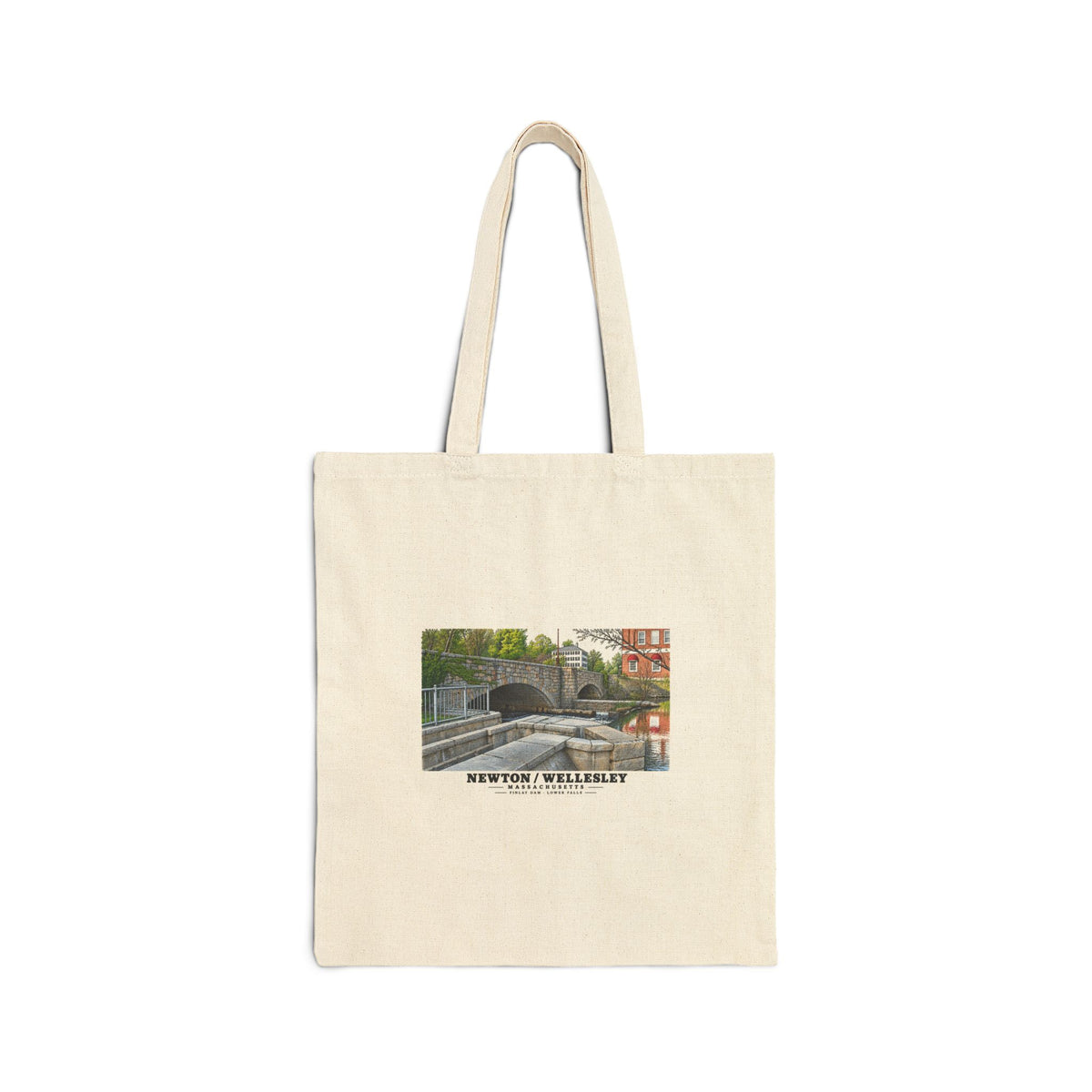 Natural fabric tote with Finlay Dam stone arches and water artwork and Newton/Wellesley lettering