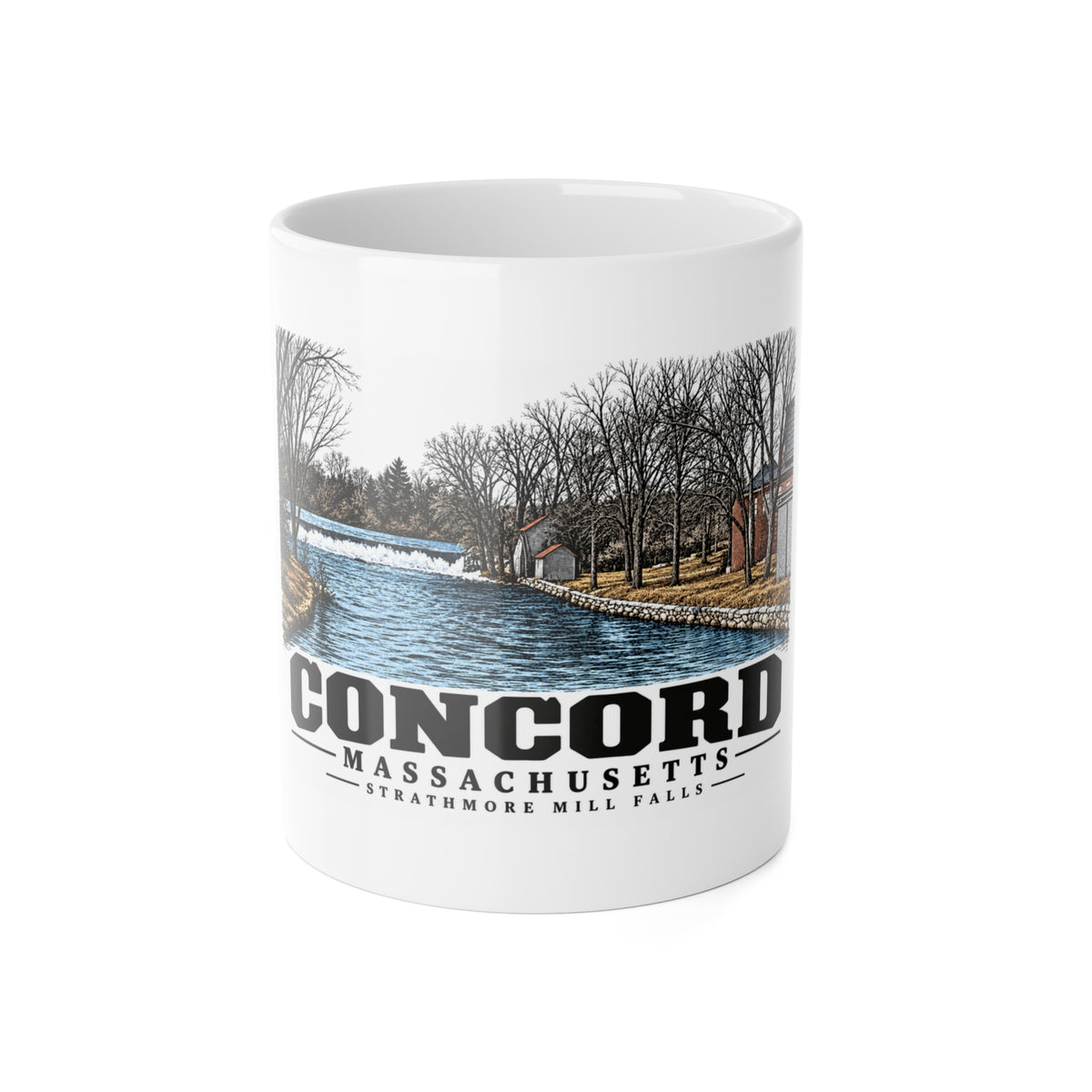 Illustrated Strathmore Mill Falls in Concord on ceramic mug