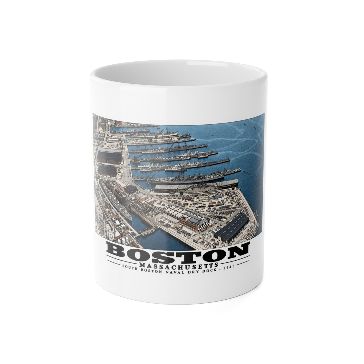 Aerial view of US Naval Dry Dock-BB-61 USS IOWA in dry dock #3-USS BUNKER HILL at East Jetty-AP-21 USS WAKEFIELD at pier 11 oz White Ceramic Mug - Boston Harbor