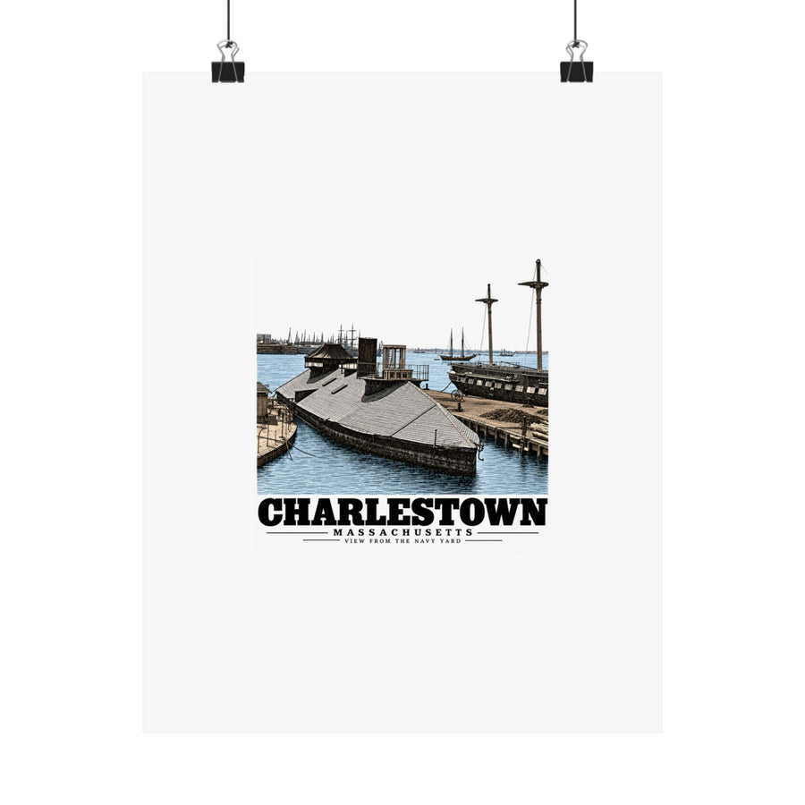 11 x 14 inch matte poster hanging from clips with Navy Yard waterfront and Charlestown artwork