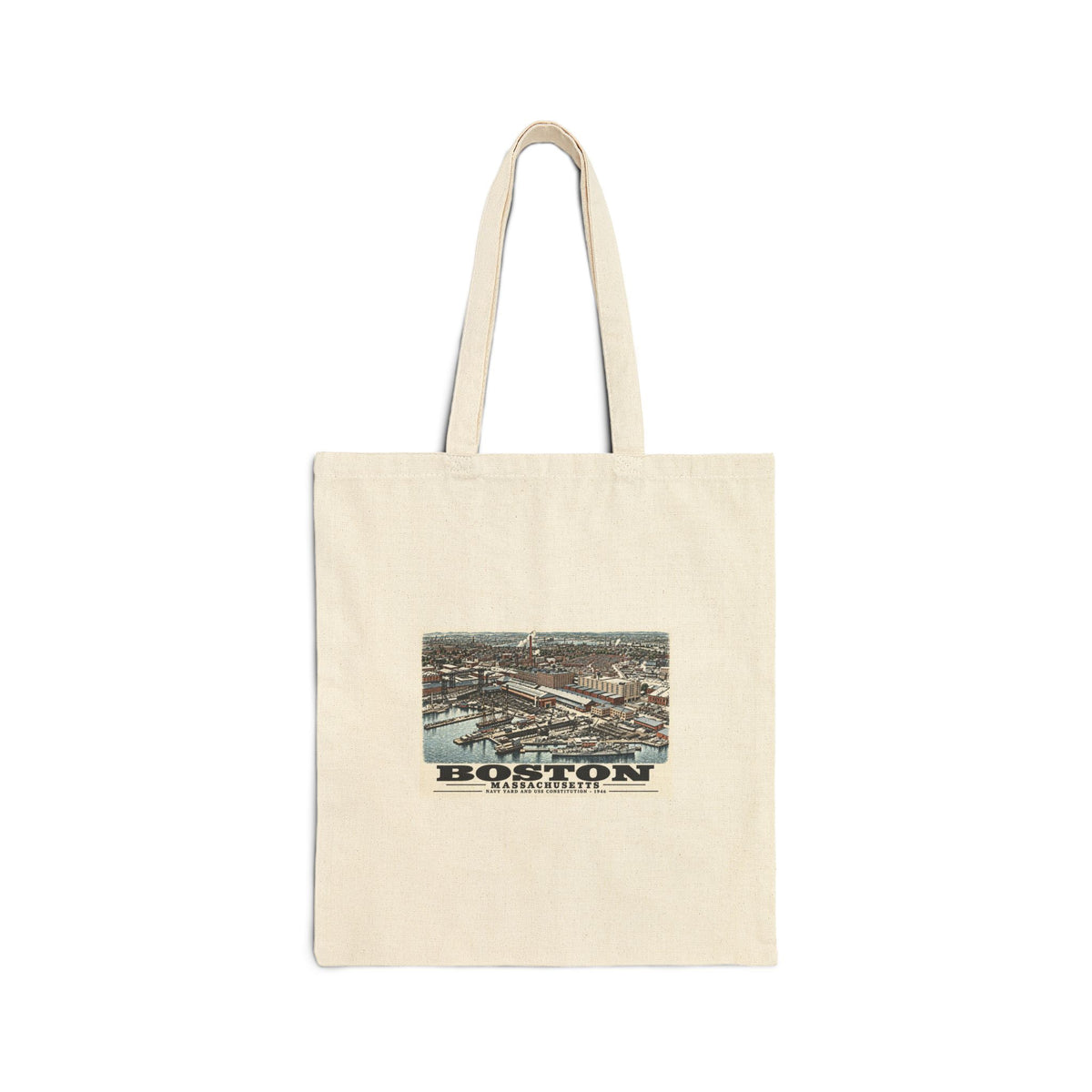 Illustrated Dry Dock 5 and Constitution Pier in Charlestown on cotton canvas tote — natural canvas