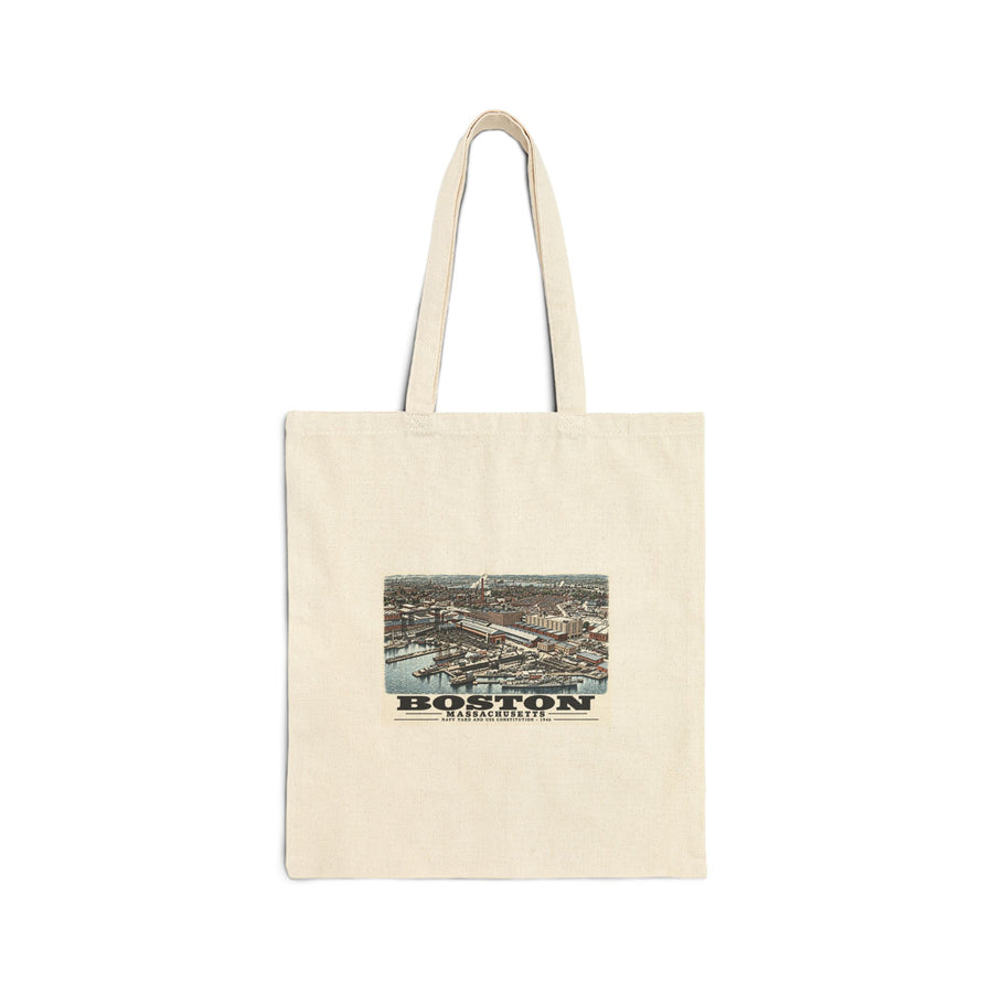 Illustrated Dry Dock 5 and Constitution Pier in Charlestown on cotton canvas tote — natural canvas
