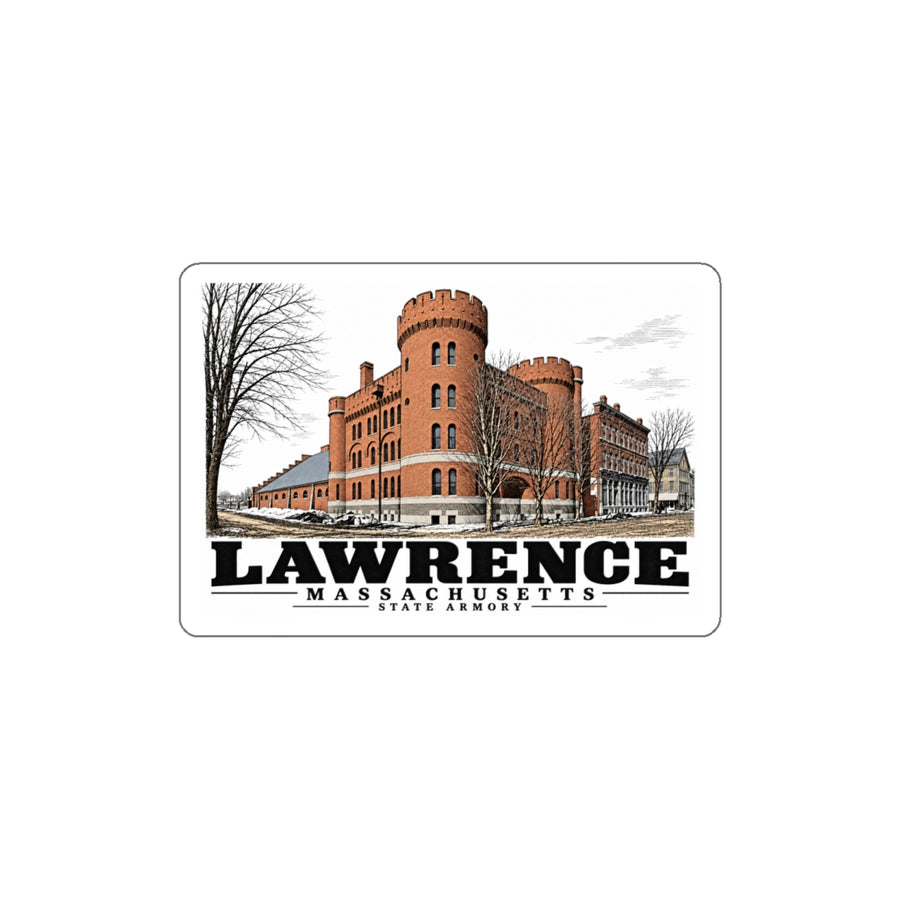 Illustrated State Armory in Lawrence on die-cut sticker