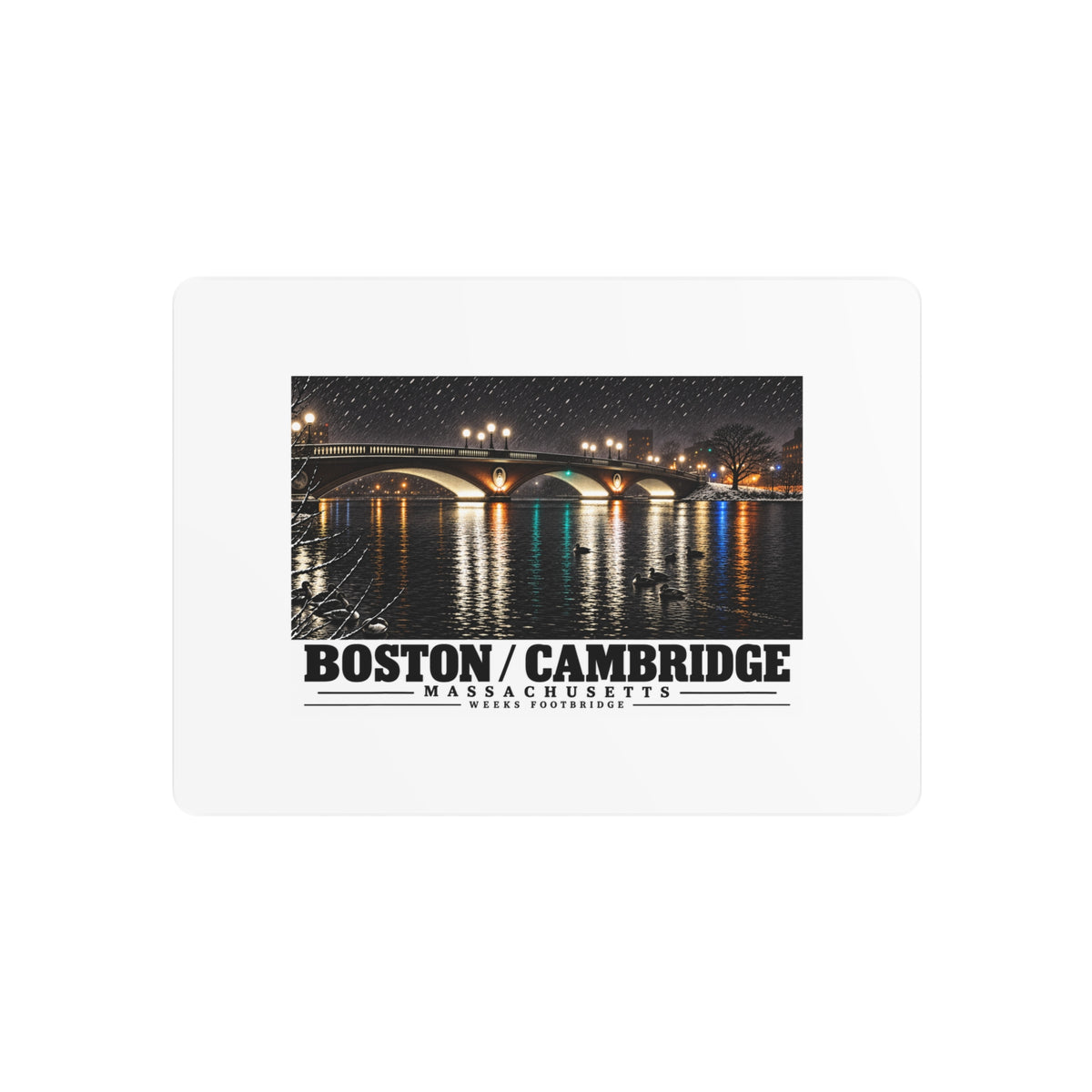 Metal wall print showing Weeks Footbridge illuminated night view with water reflections artwork and Boston/Cambridge lettering