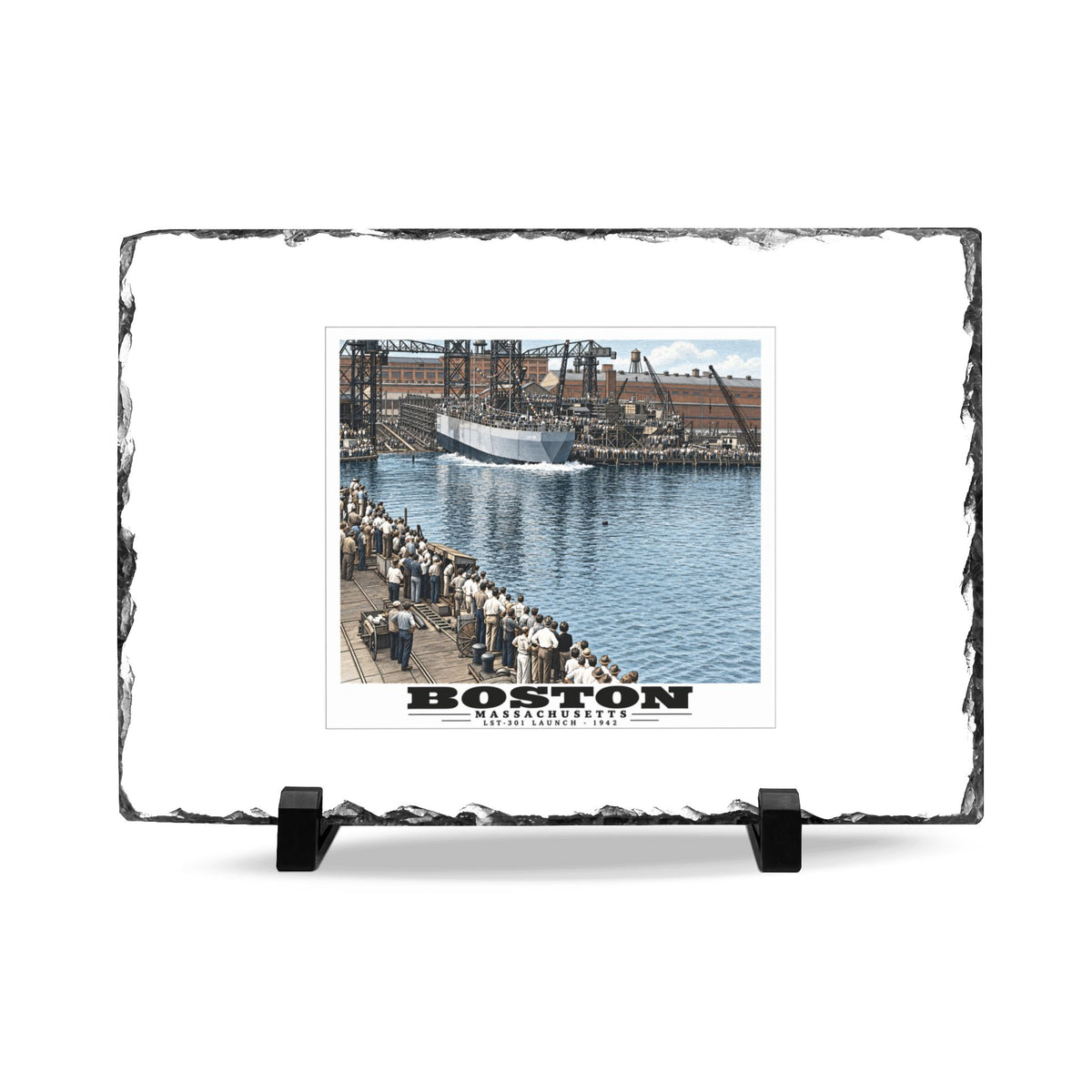 Illustrated LST-301 at Boston Navy Yard in Charlestown on slate desk plaque