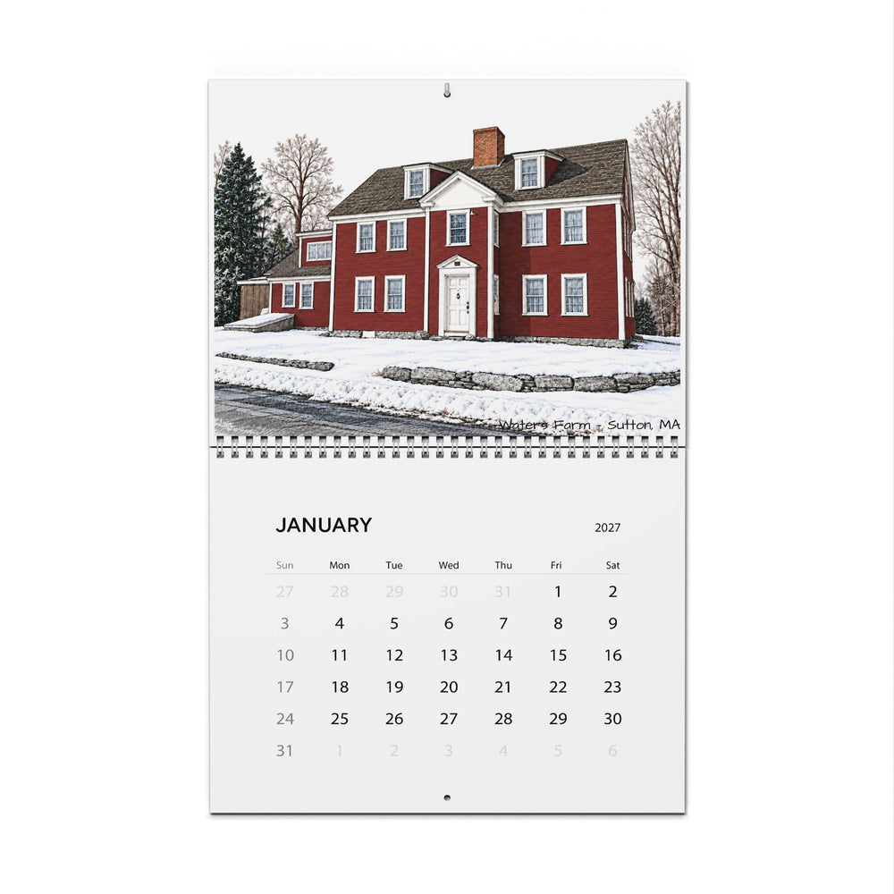 January 2027 wall calendar page featuring snow-covered Waters Farm in Sutton, Massachusetts.