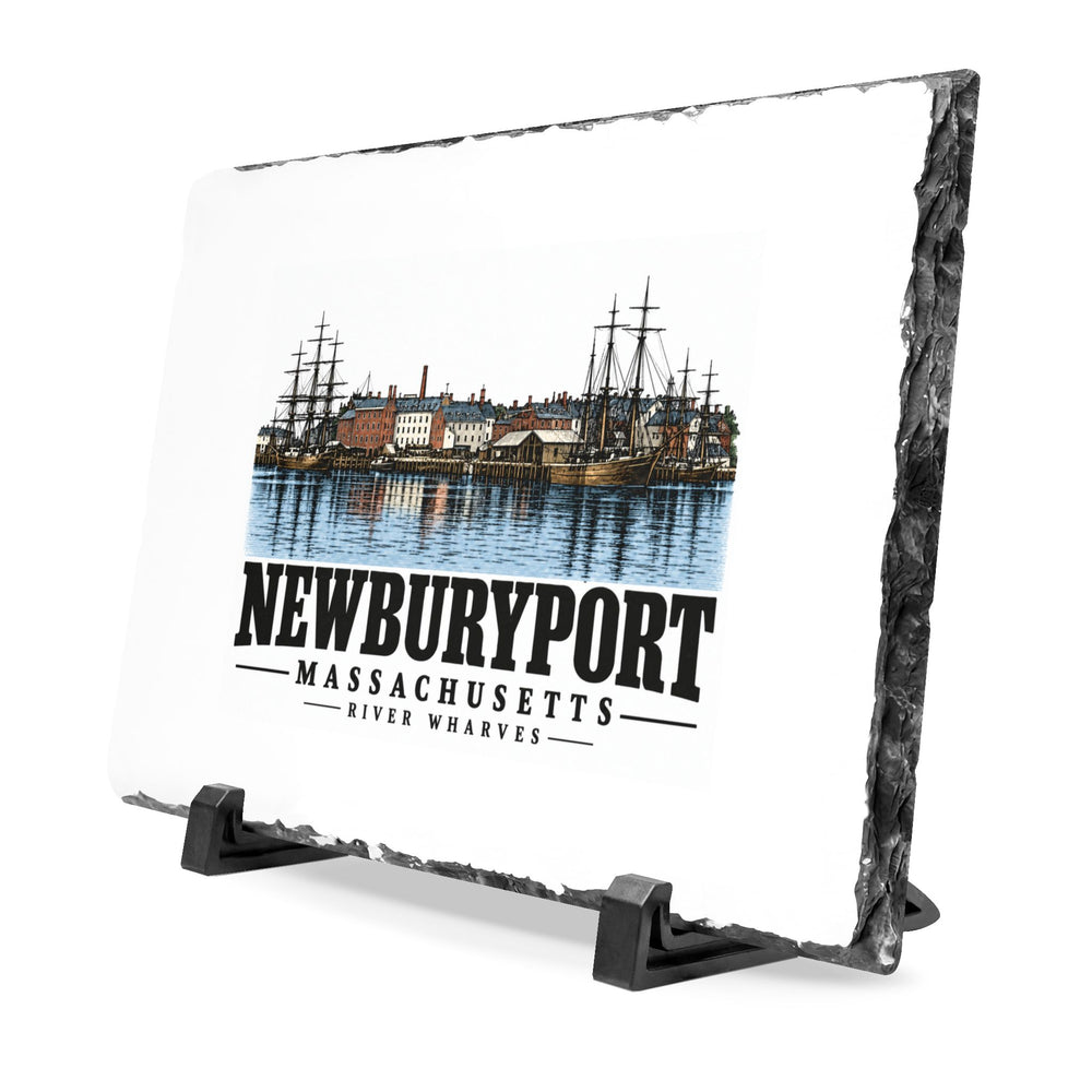 Angled front on display stands of River Wharves slate desk plaque, with Newburyport, Massachusetts artwork and lettering.