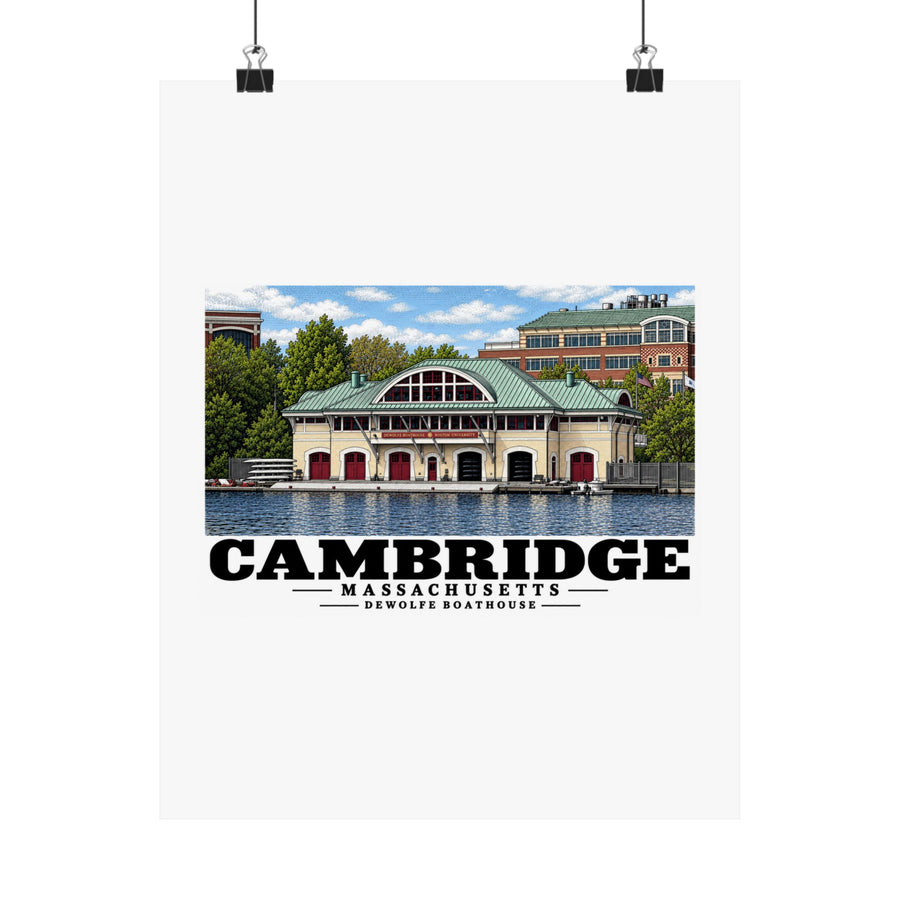 Front view of the Cambridge DeWolfe Boathouse matte poster suspended by binder clips.