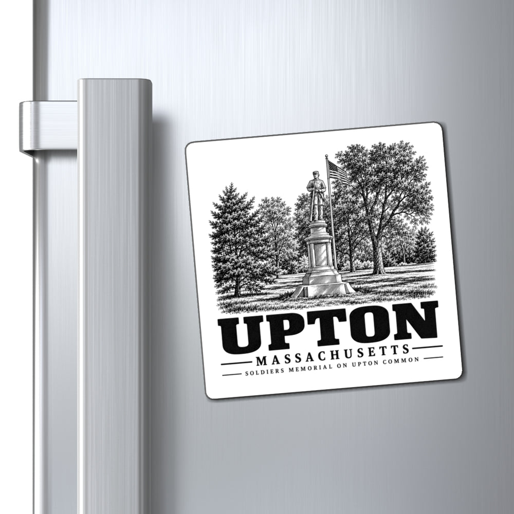 Upton Soldiers Memorial on Upton Common 4-inch magnet displayed on a refrigerator