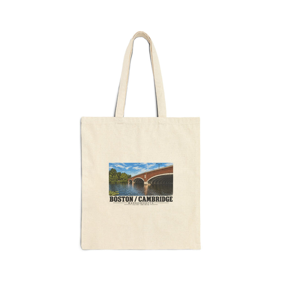 Natural fabric tote with Eliot Bridge close red brick arch view artwork and Boston/Cambridge lettering