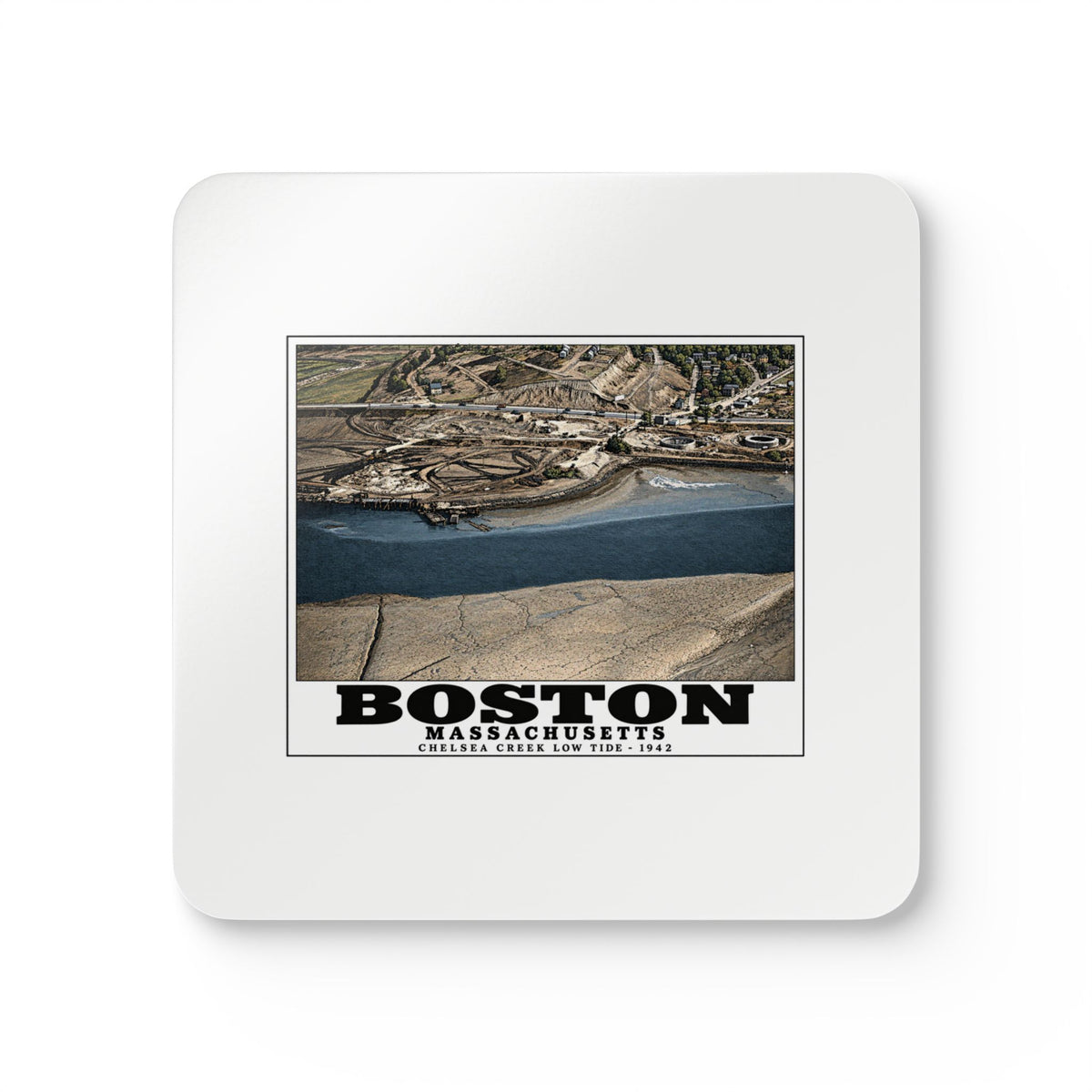 Shoreline, Chelsea Creek, East Boston, MA, Low Tide, Oil Storage Cork Back Coaster Set - Boston Harbor
